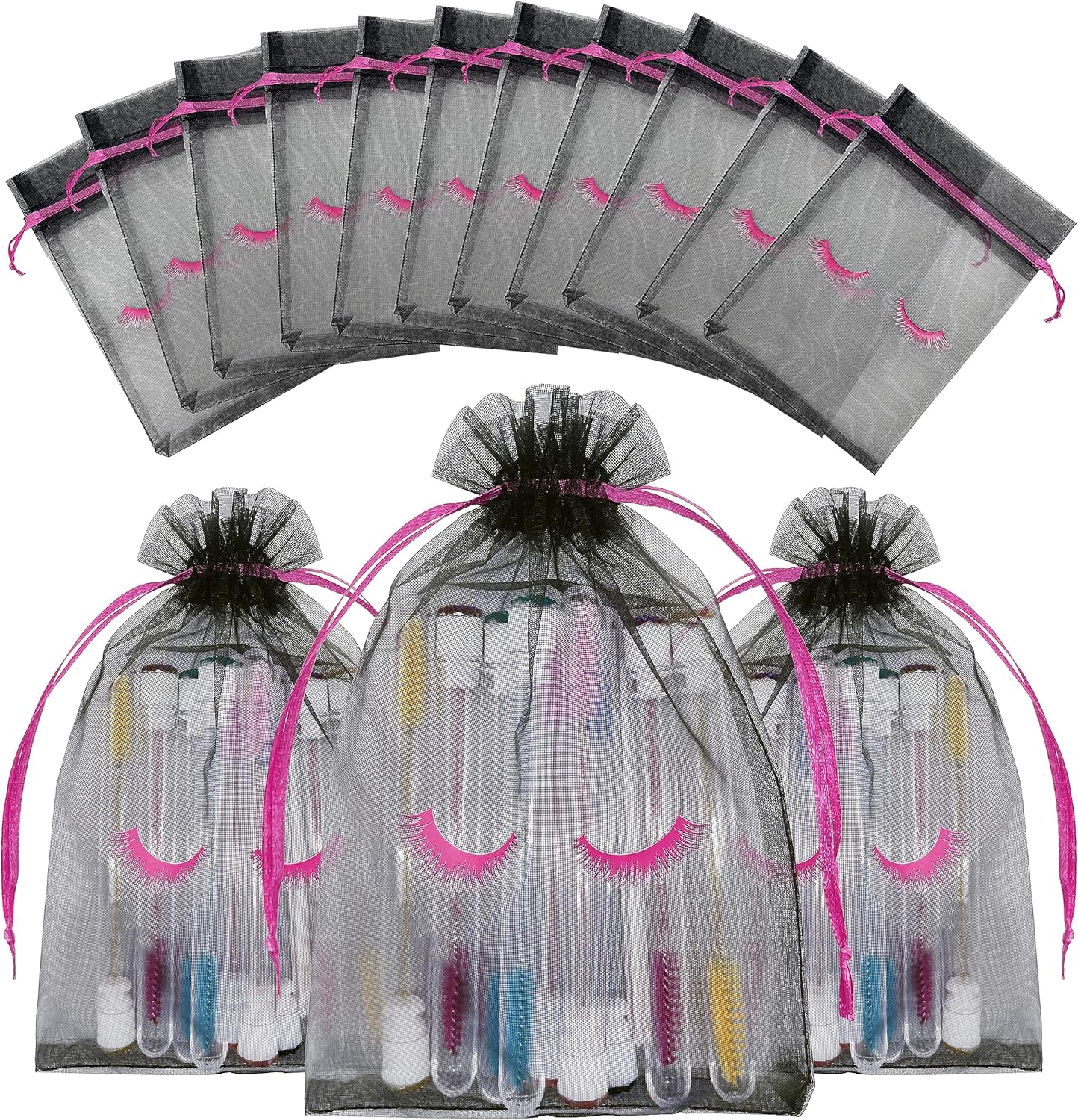 Jexila Paquete de 100 bolsas para cuidado posterior de pestañas, malla negra, con cordón, bolsa de maquillaje, pequeña bolsa de regalo para muestras