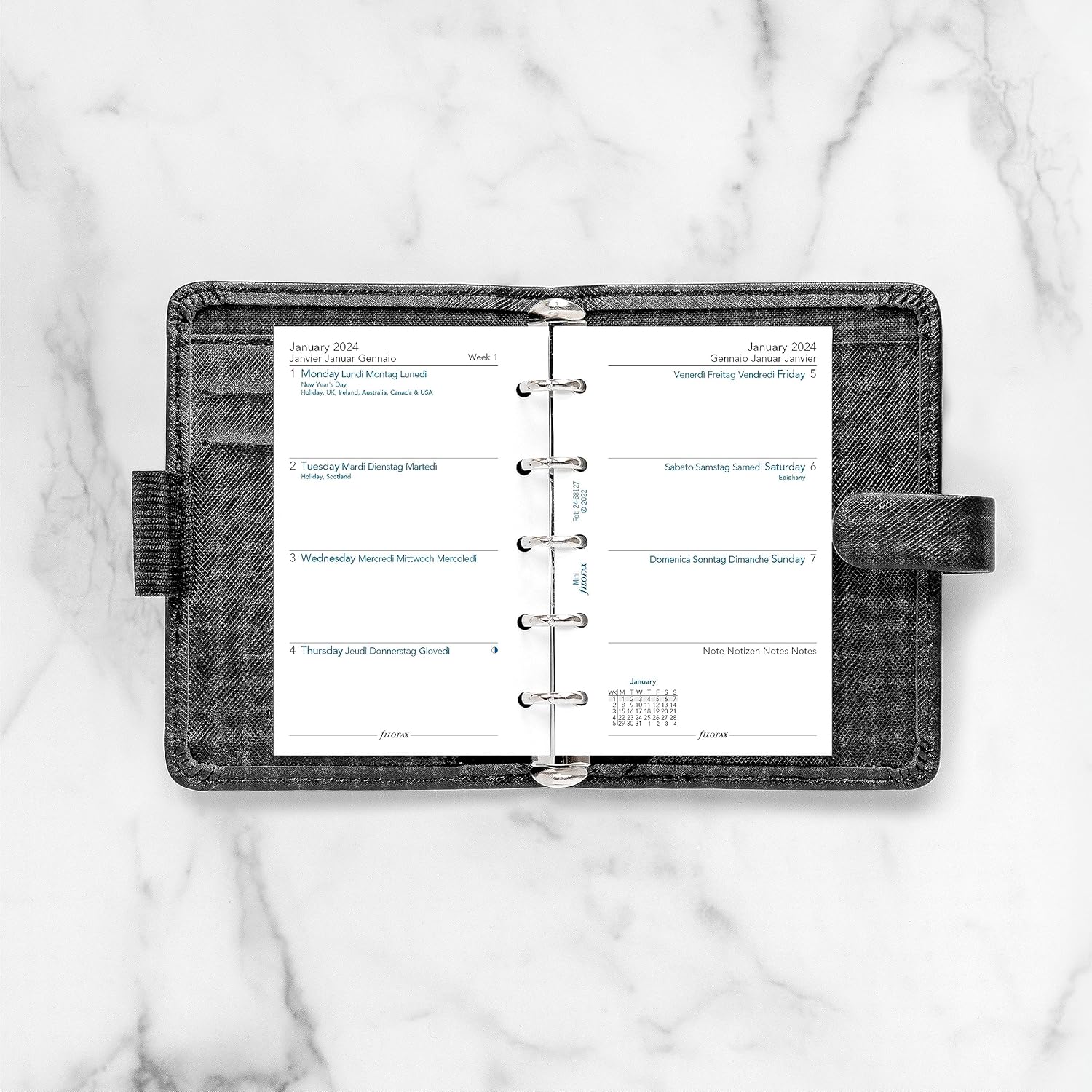 Filofax Recambio de diario de calendario, tamaño mini, semana-a-vista, libro blanco, sin rayas, multilingüe cuatro idiomas, 2024 (C68127-24)