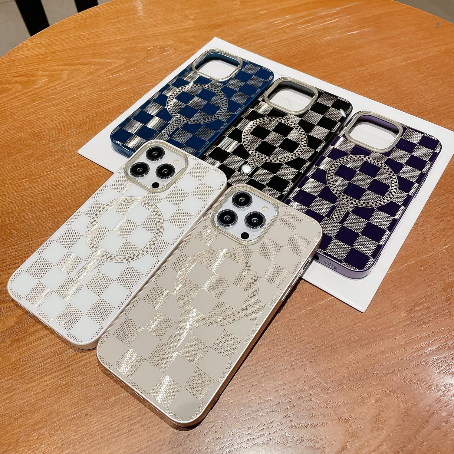 RMAONT Funda magnética para iPhone 13 Pro Max, diseño de cuadrícula de ajedrez a cuadros, funda protectora a prueba de golpes, parte trasera dura,