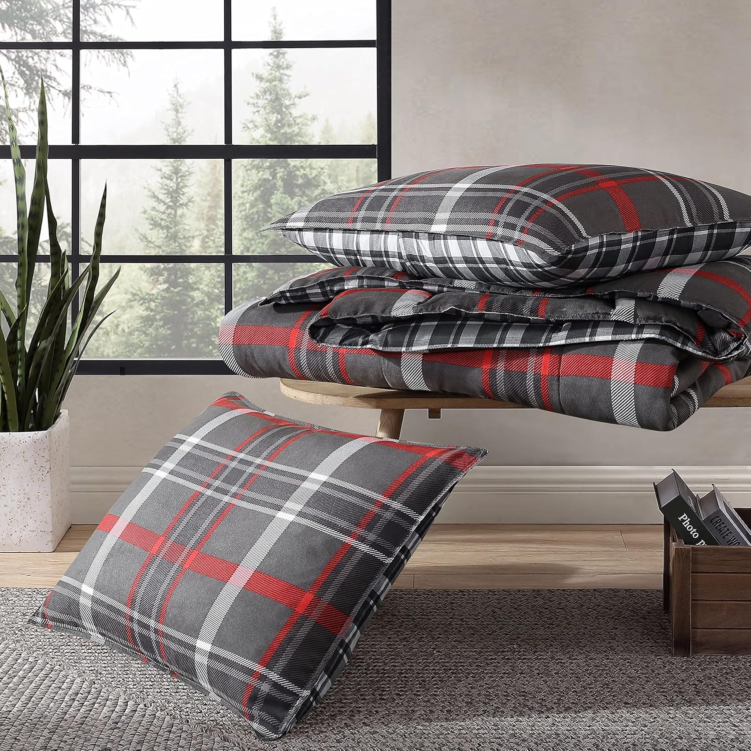 Eddie Bauer – Juego de edredón tamaño Queen, ropa de cama reversible a cuadros con fundas a juego, decoración del hogar para meses más fríos (gris