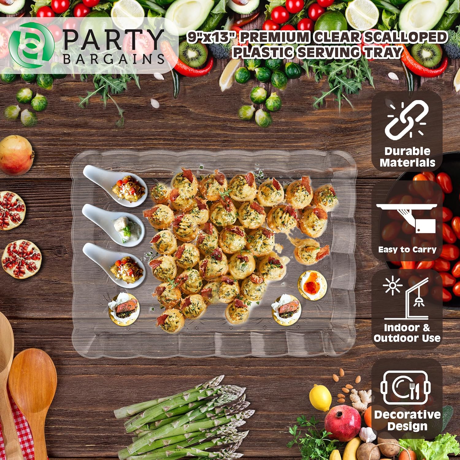 Party Bargains Bandeja de plástico para servir, 9 x 13 pulgadas, paquete de 8 platos transparentes festoneados, bandeja rectangular desechable para