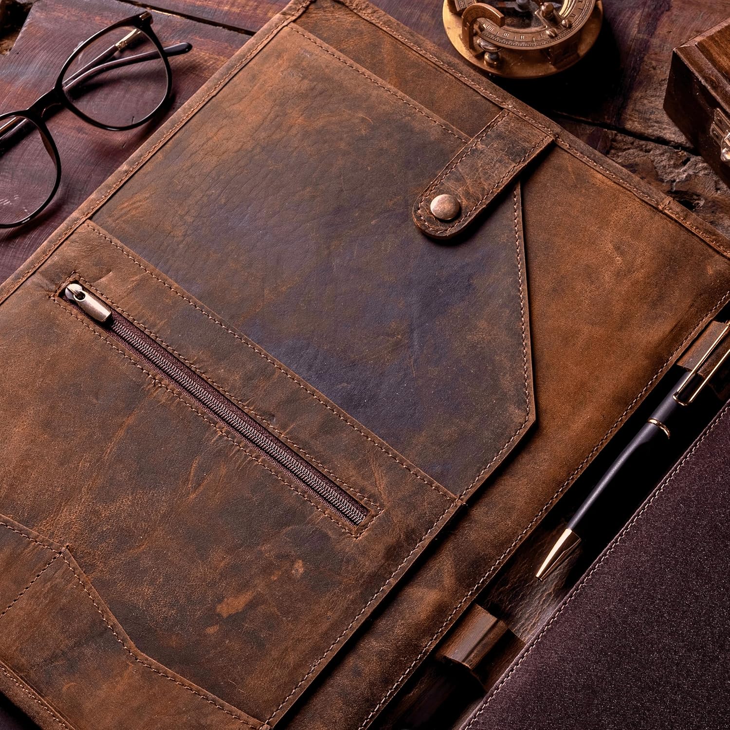 Cartera de cuero, carpeta de cuero con bolígrafo, cartera de cuero para hombres y mujeres, padfolio de cuero, carpeta de cuero, carpeta de cartera,