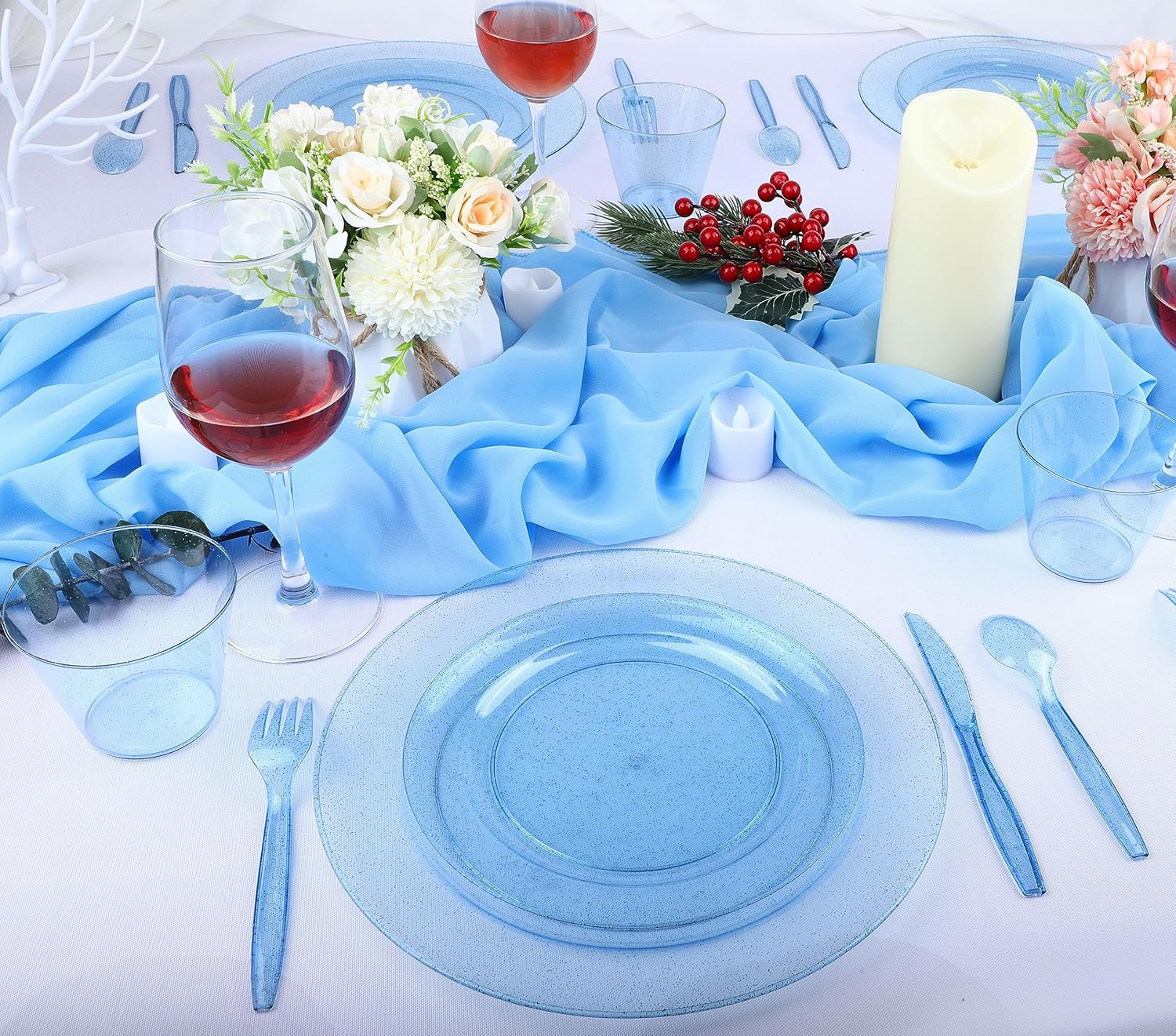 WYTAOHZL Juego de vajilla de 240 piezas con purpurina azul para 40 invitados, vajilla desechable con purpurina azul de 10.2 pulgadas, platos de