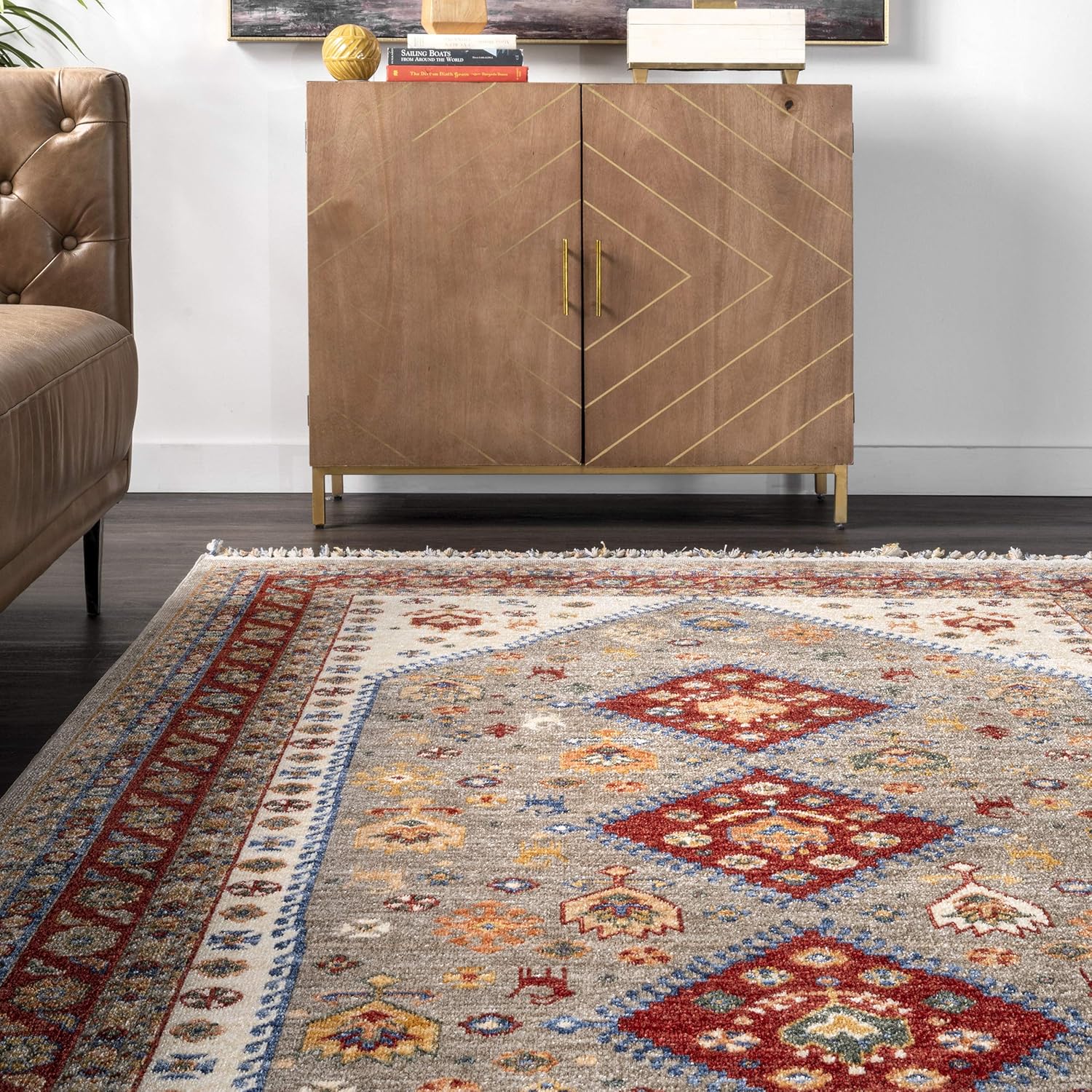 nuLOOM Romee Medallion – Alfombra rectangular con borlas, 5 x 8 pies, color beige