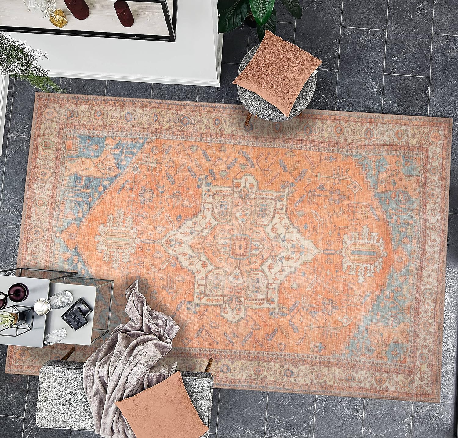 GLN Rugs Alfombra lavable a máquina, estilo vintage, persa, bohemio, estética, envejecida, parte trasera antideslizante, decoración del hogar para