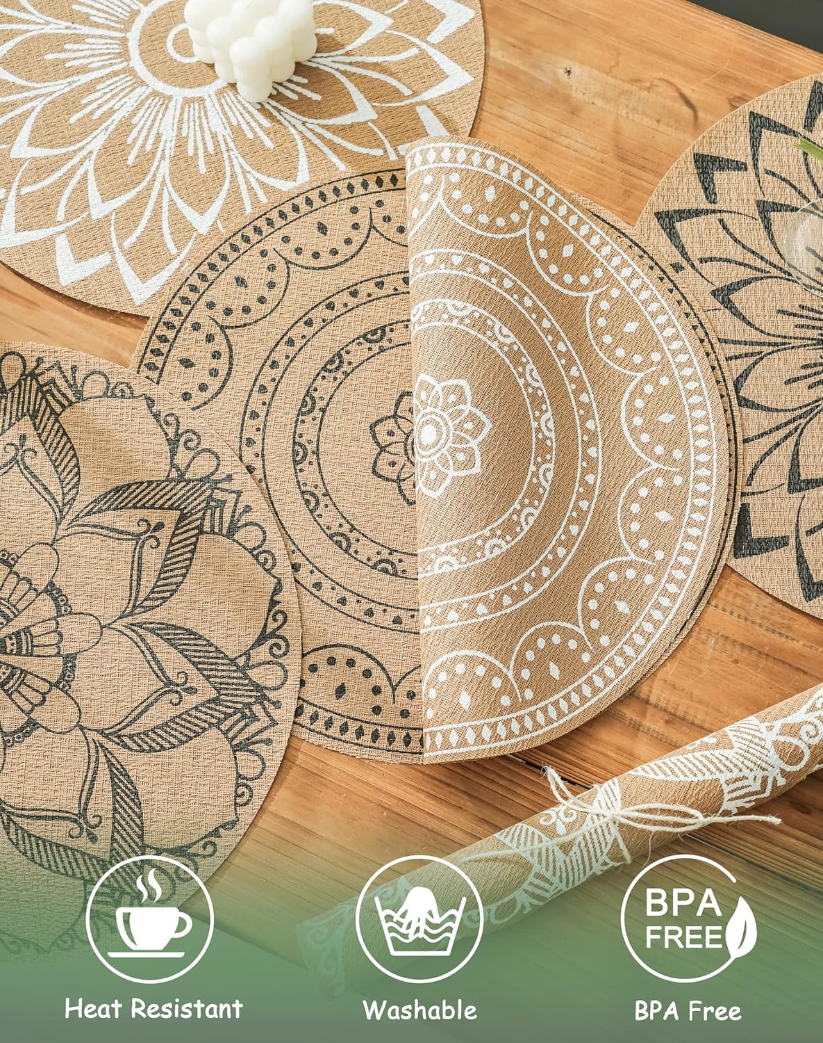 Juego de 6 manteles individuales redondos de PVC bohemios para mesa de comedor, mandala, lavables, resistentes al calor, manteles individuales de