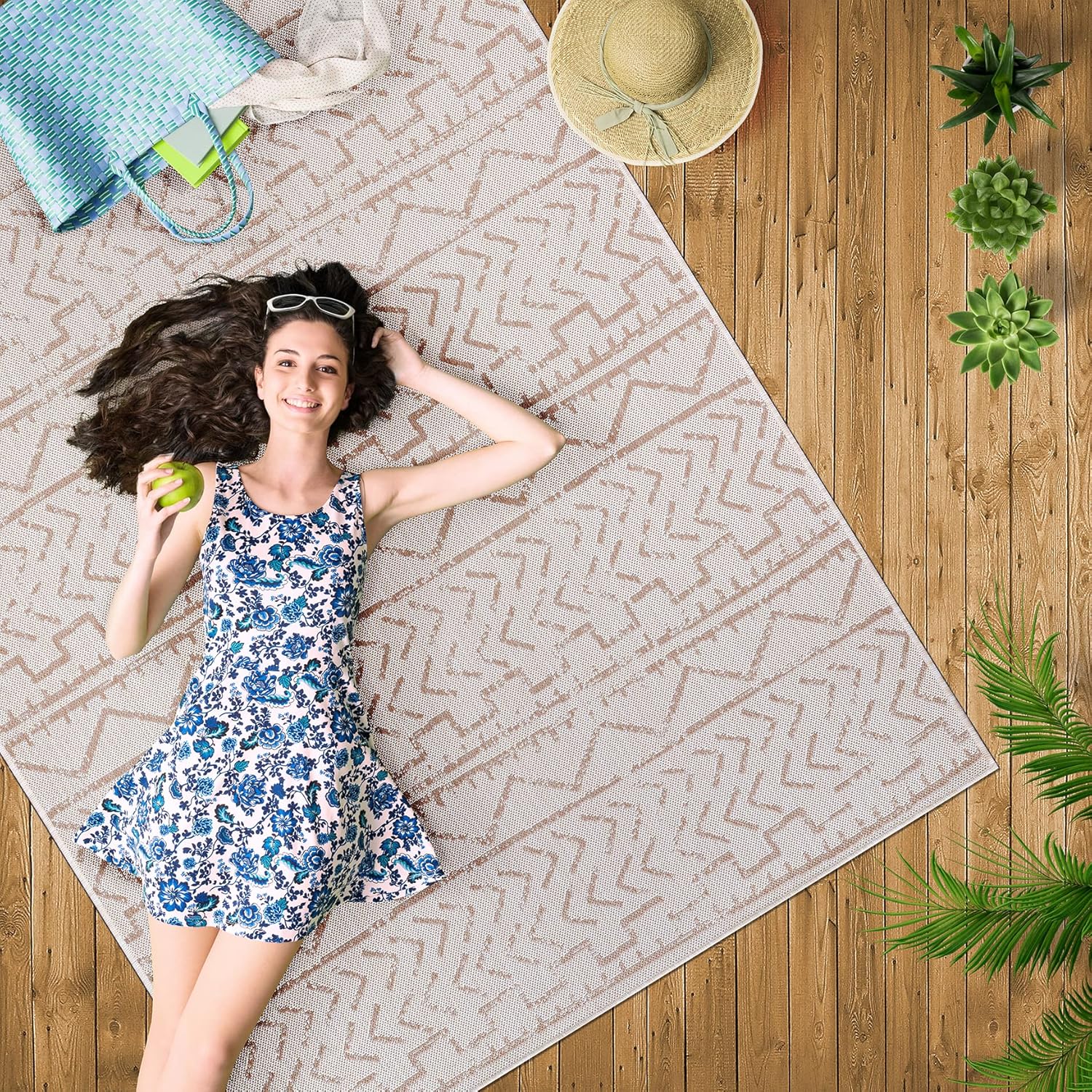 Beverly Rug Waikiki Collection  Alfombras para interiores y exteriores, color beige, blanco, azul, gris, gris oscuro, 5 x 8 pies (1.53 x 2.44 m), 6
