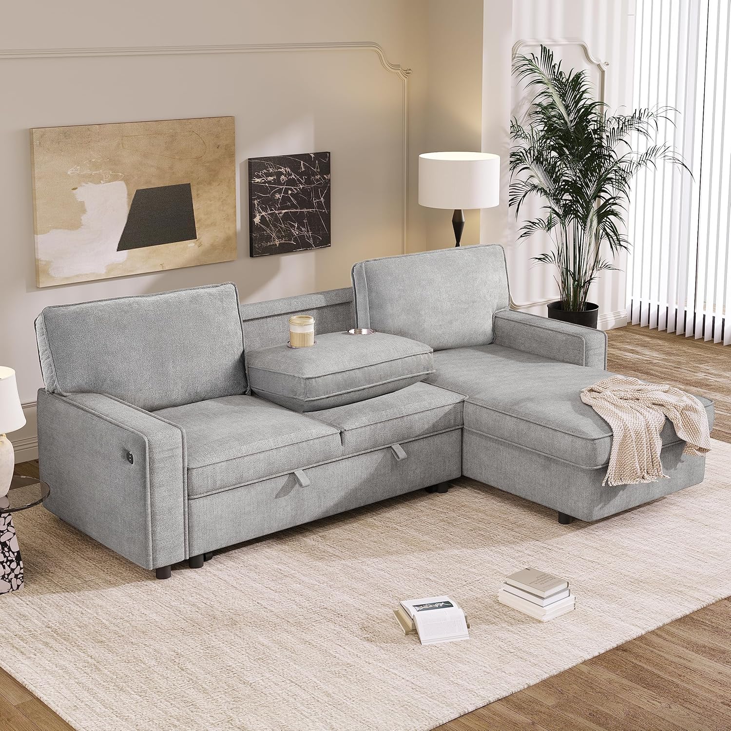 JULYFOX Sofá cama seccional L con diván de almacenamiento, sofá modular esquinero de color gris con portavasos oculto, 2 puertos USB de 89 pulgadas