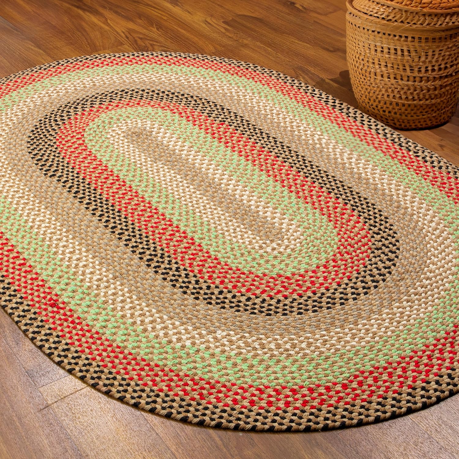 Super Area Rugs Alfombra trenzada ovalada ovalada de 4 x 6 pies, color marrón, rojo y verde, para dormitorios y salas de estar estilo rural
