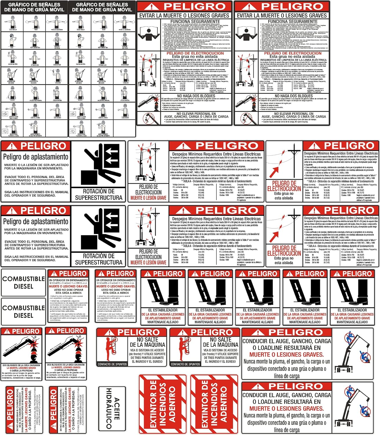 Kit de pegatinas de seguridad para grúas bilingües en español e inglés