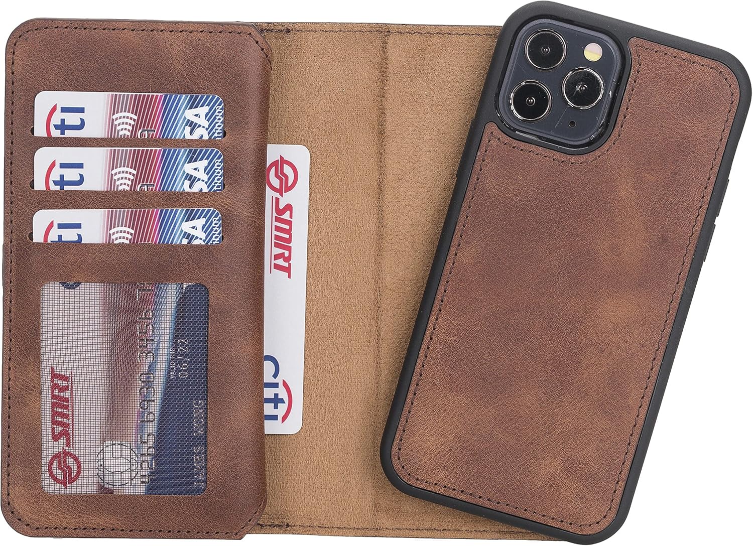 Funda de piel auténtica de alta calidad hecha a mano para iPhone 12 Pro de 6.1 pulgadas, tarjetero doble folio, funda magnética desmontable, soporte