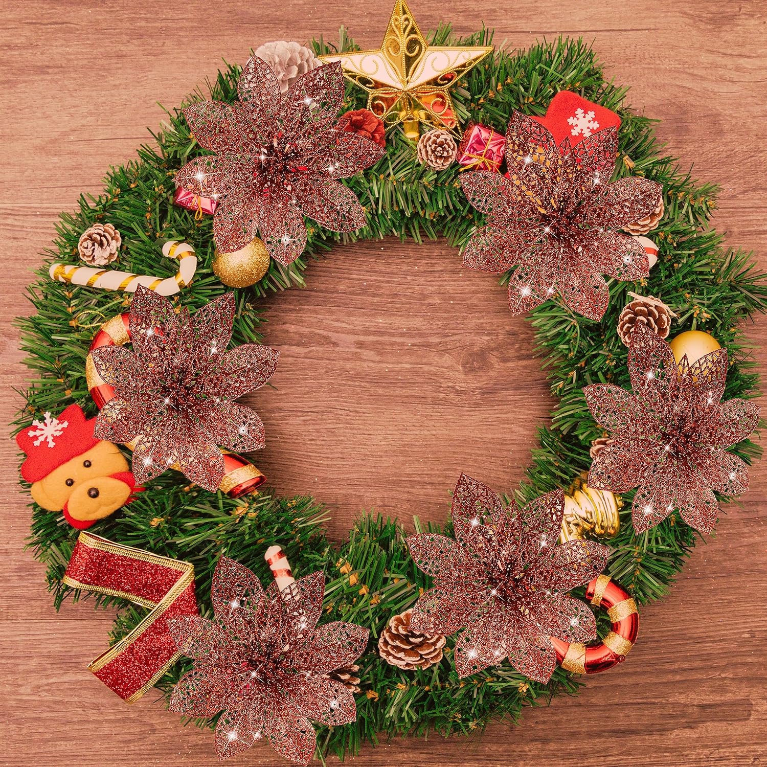 16 flores de nochebuena artificiales, decoraciones de Navidad de flores de nochebuena con clips, adornos de Navidad de flores de nochebuena con