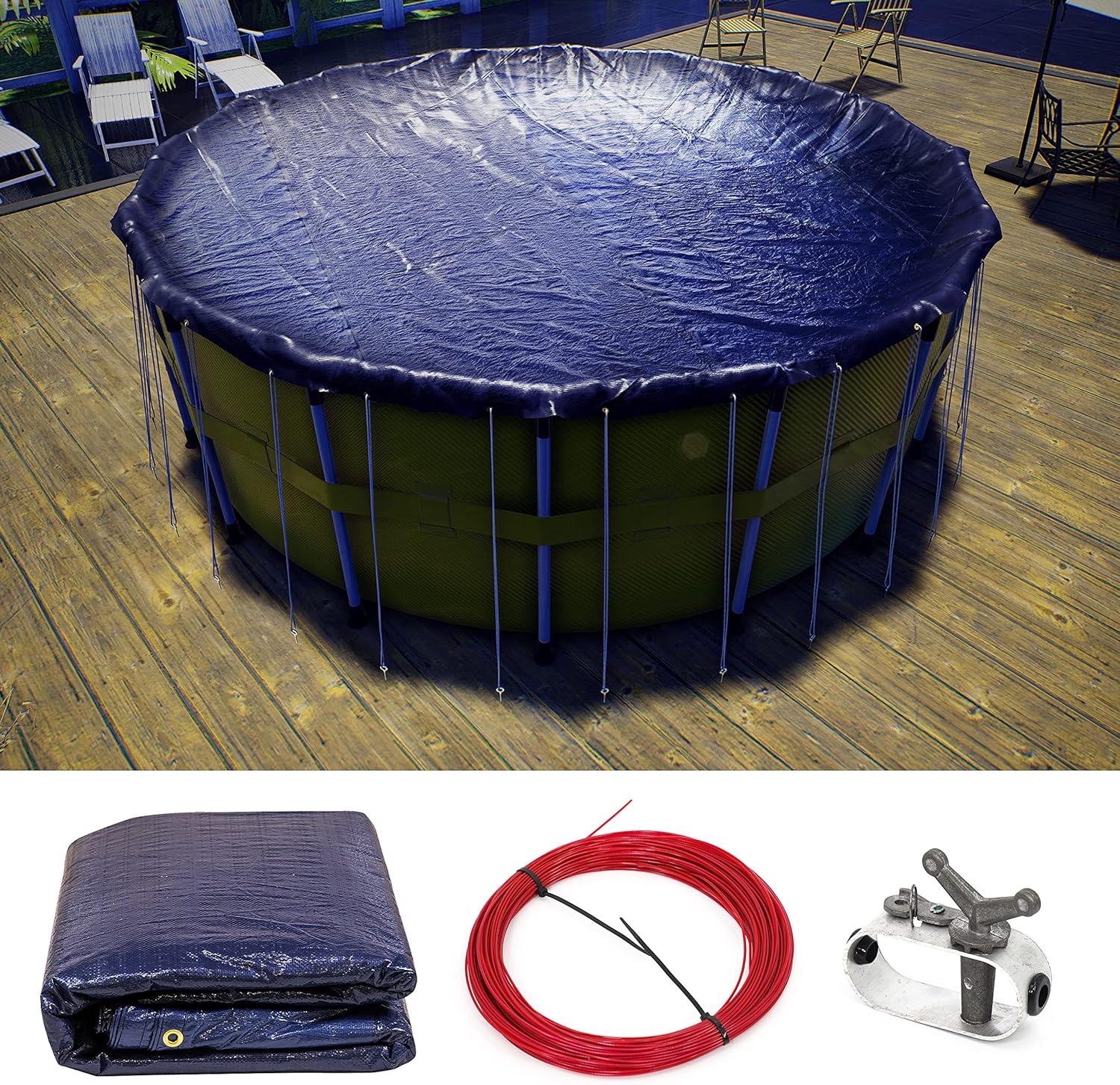 ColourTree Cubierta de piscina de invierno redonda azul de 15 pies  Seguridad resistente, impermeable, resistente a los rayos UV con fácil