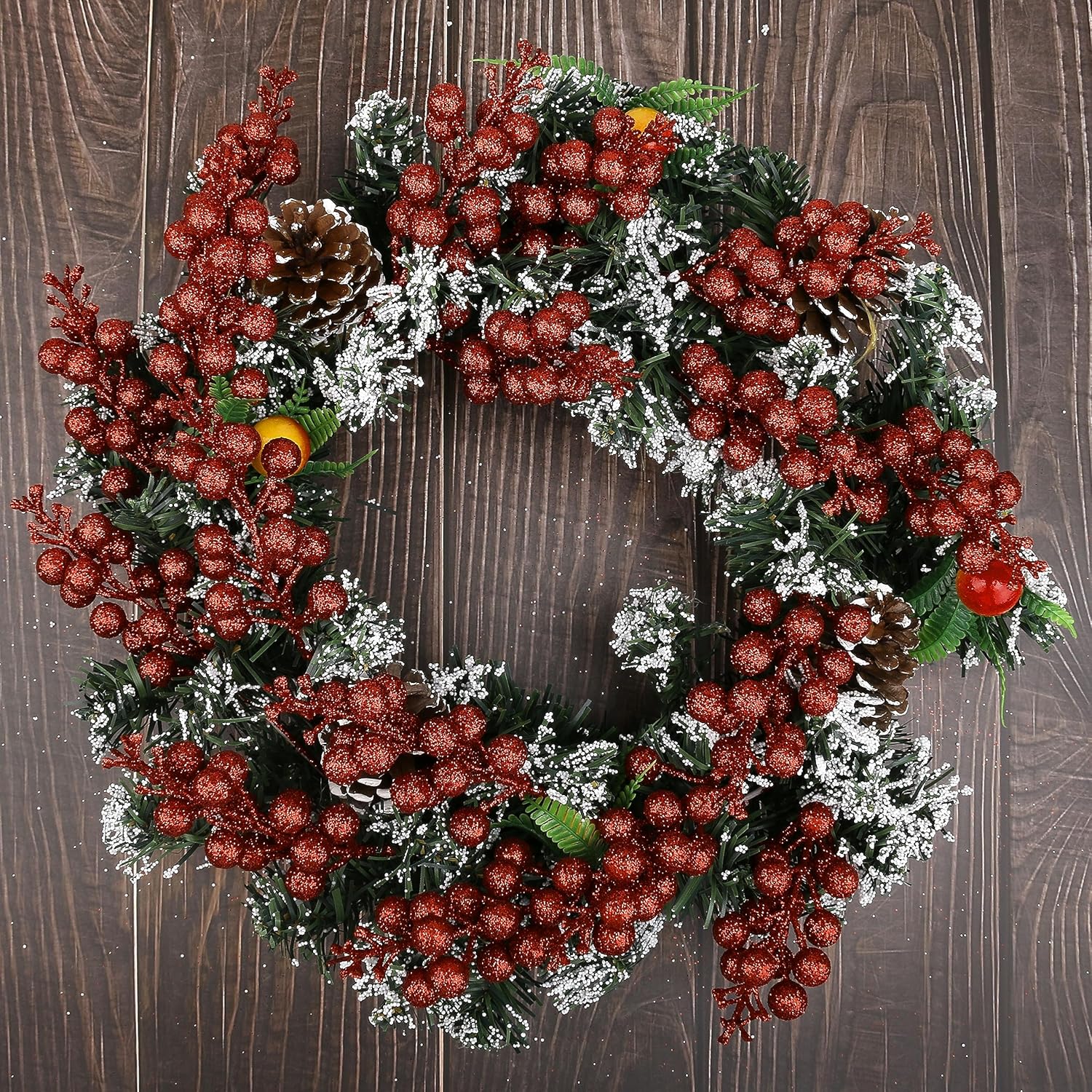 12 piezas de bayas de Navidad, tallos artificiales de bayas rojas con purpurina de 9 pulgadas, púas de Navidad, bayas rojas para árbol de Navidad,