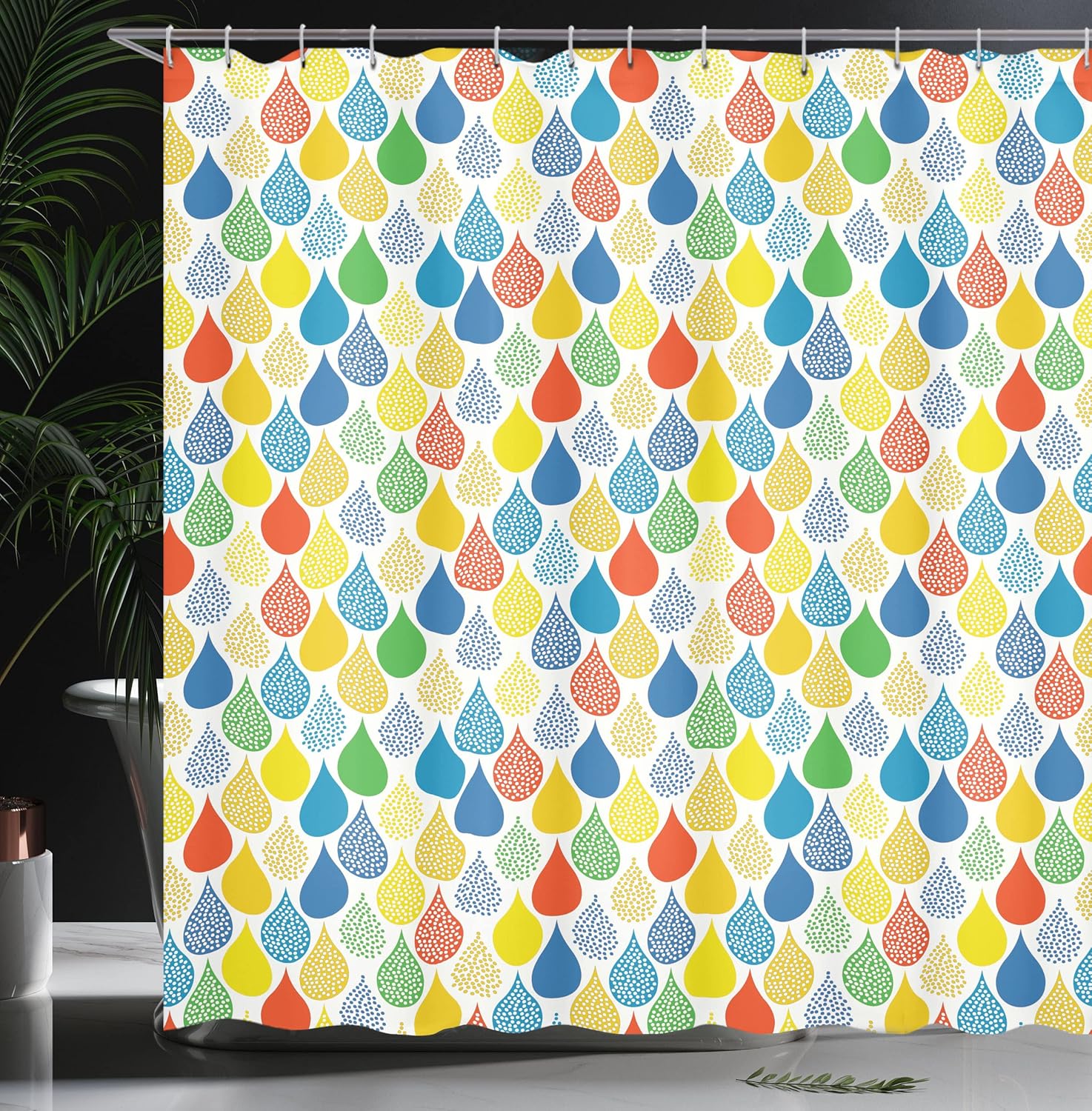 Ambesonne Cortina de ducha geométrica, estilo garabato de gotas de lluvia, diseño creativo de hojas coloridas para niñas, juego de decoración de