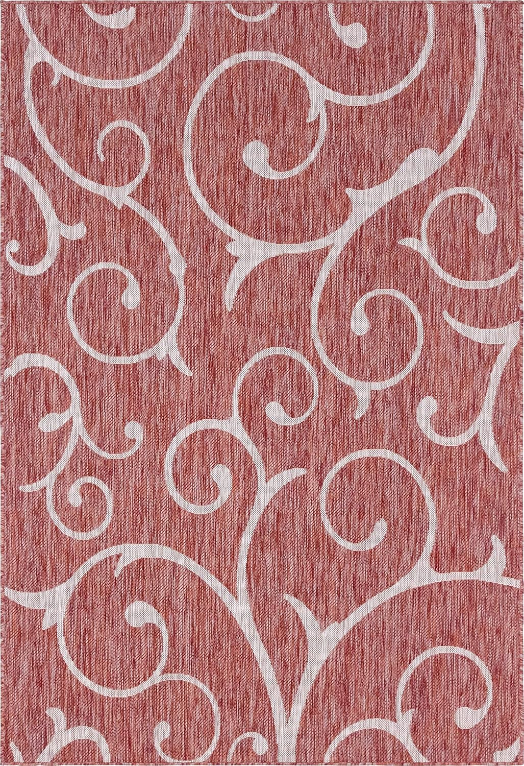 Unique Loom Outdoor Botanical Collection – Alfombra rizada, 6 pies 1 pulgada x 9 pies, rectangular, rojo óxidomarfil