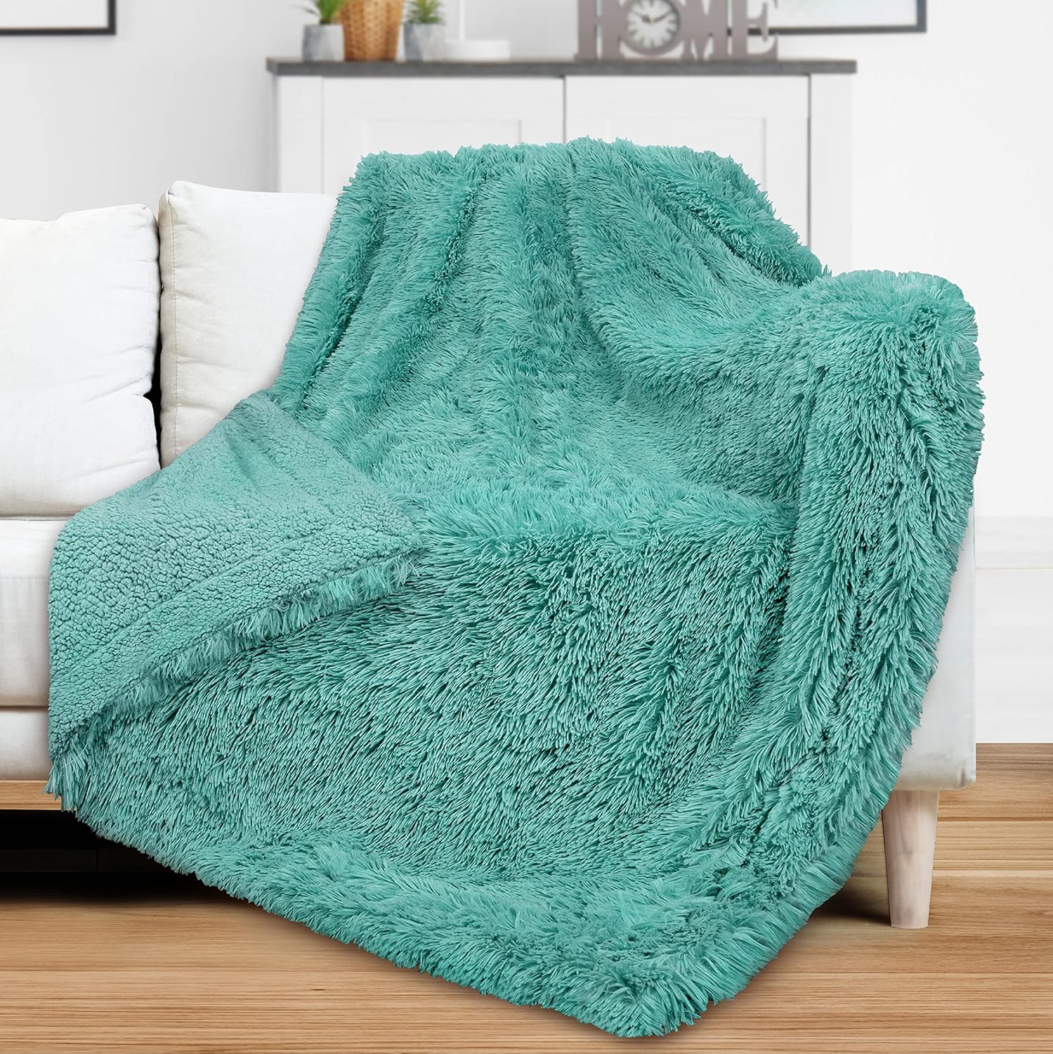 PAVILIA Manta suave y esponjosa de piel sintética, color verde azulado, manta de sherpa cálida y peluda para cama, sofá, manta decorativa de felpa