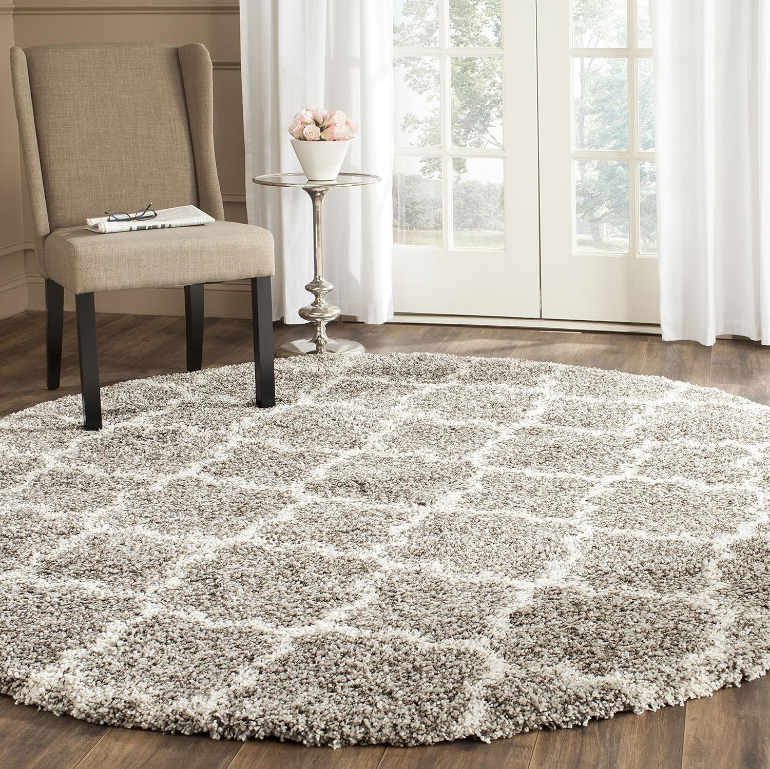SAFAVIEH Hudson Shag Collection SGH282B – Alfombra de área marroquí redonda de 7 pies con diseño de enrejado que no desprende pelusa, para sala de