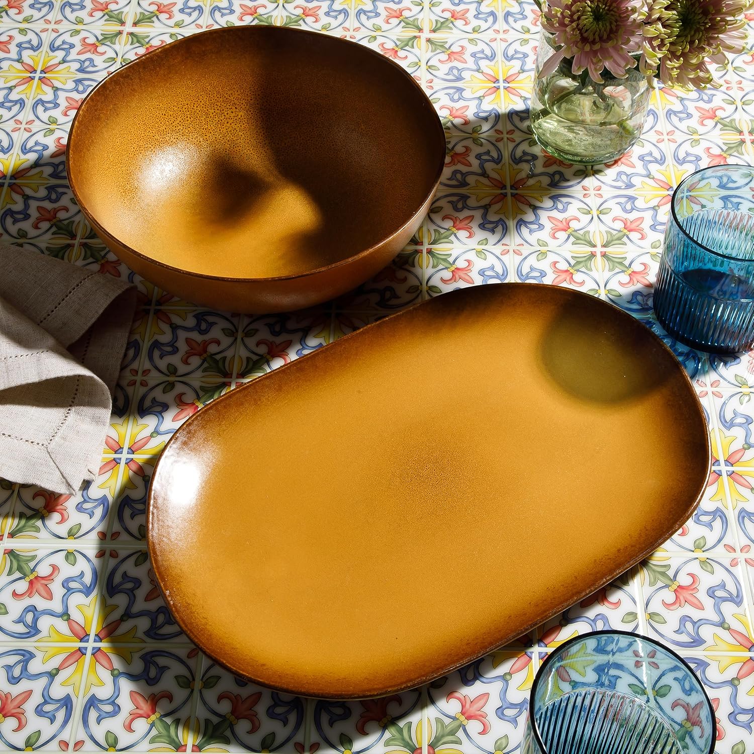 Bloomhouse Palermo Sun – Juego de 2 recipientes para servir y platos ovalados de cerámica reactiva, color amarillo tumérico