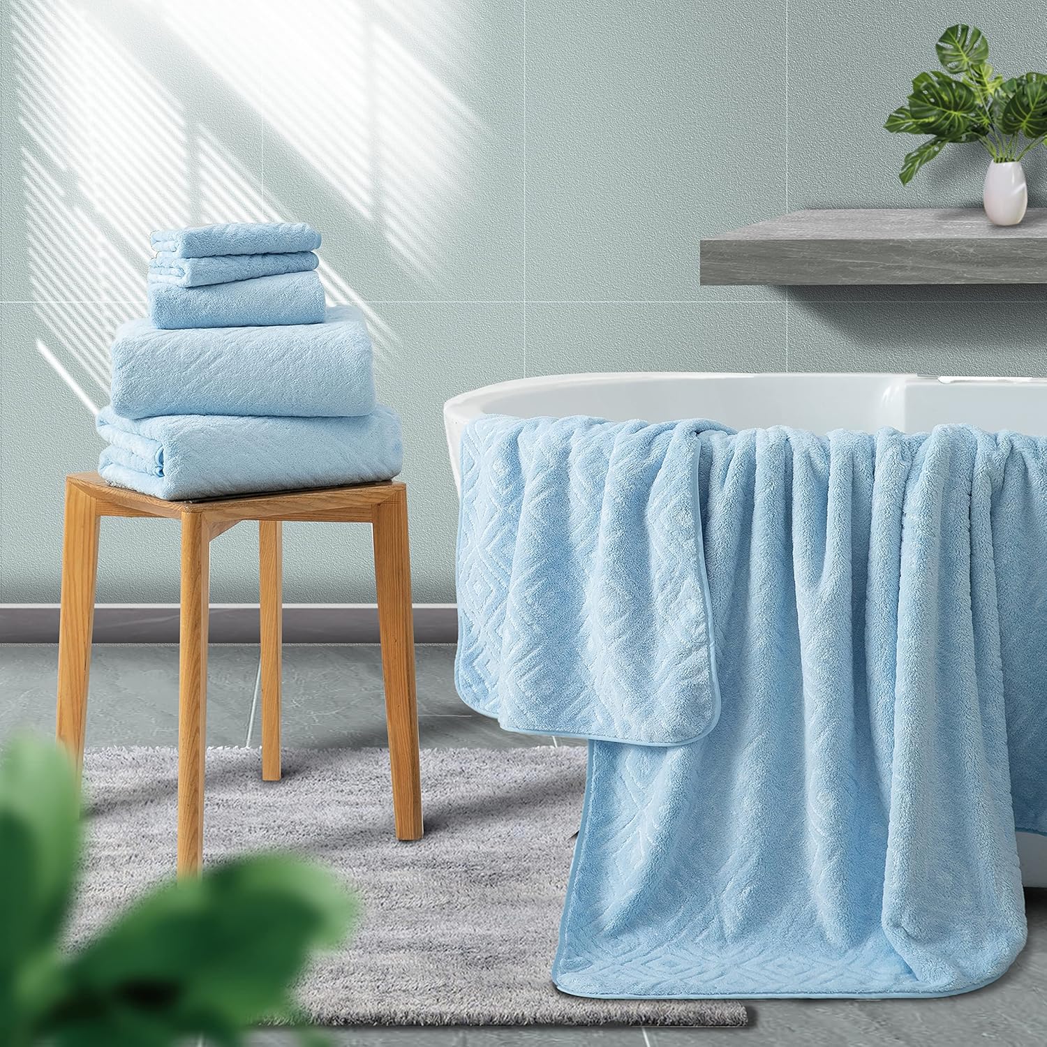CHINO Juego de 8 toallas de baño de gran tamaño, color azul, 2 toallas de baño grandes, 2 toallas de mano y 4 toallas pequeñas, juego de toallas