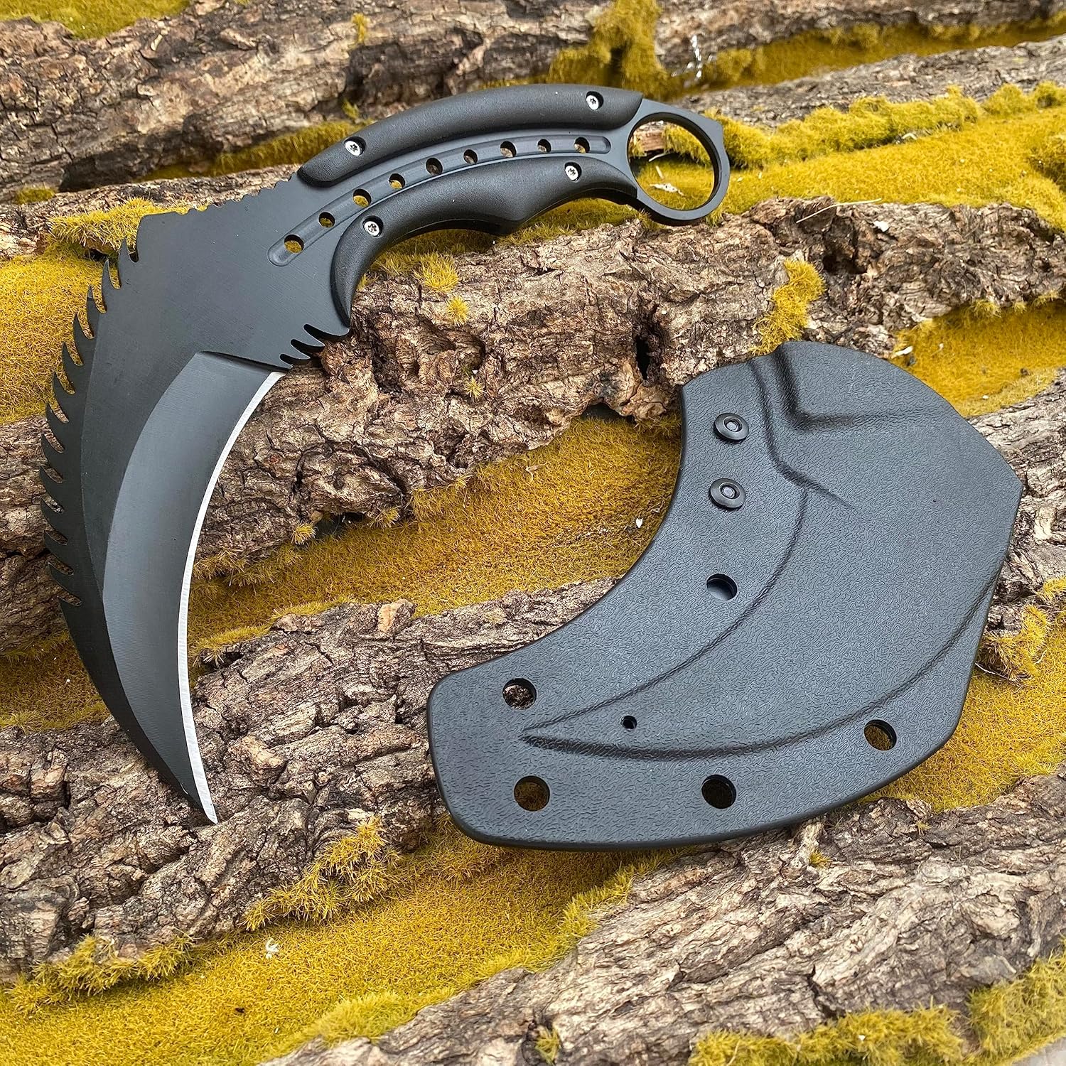 AULAKNIV Cuchillo de garra Raptor de borde dentado de 8.1 pulgadas, cuchillo táctico de hoja fija de espiga completa con funda y clip Kydex,