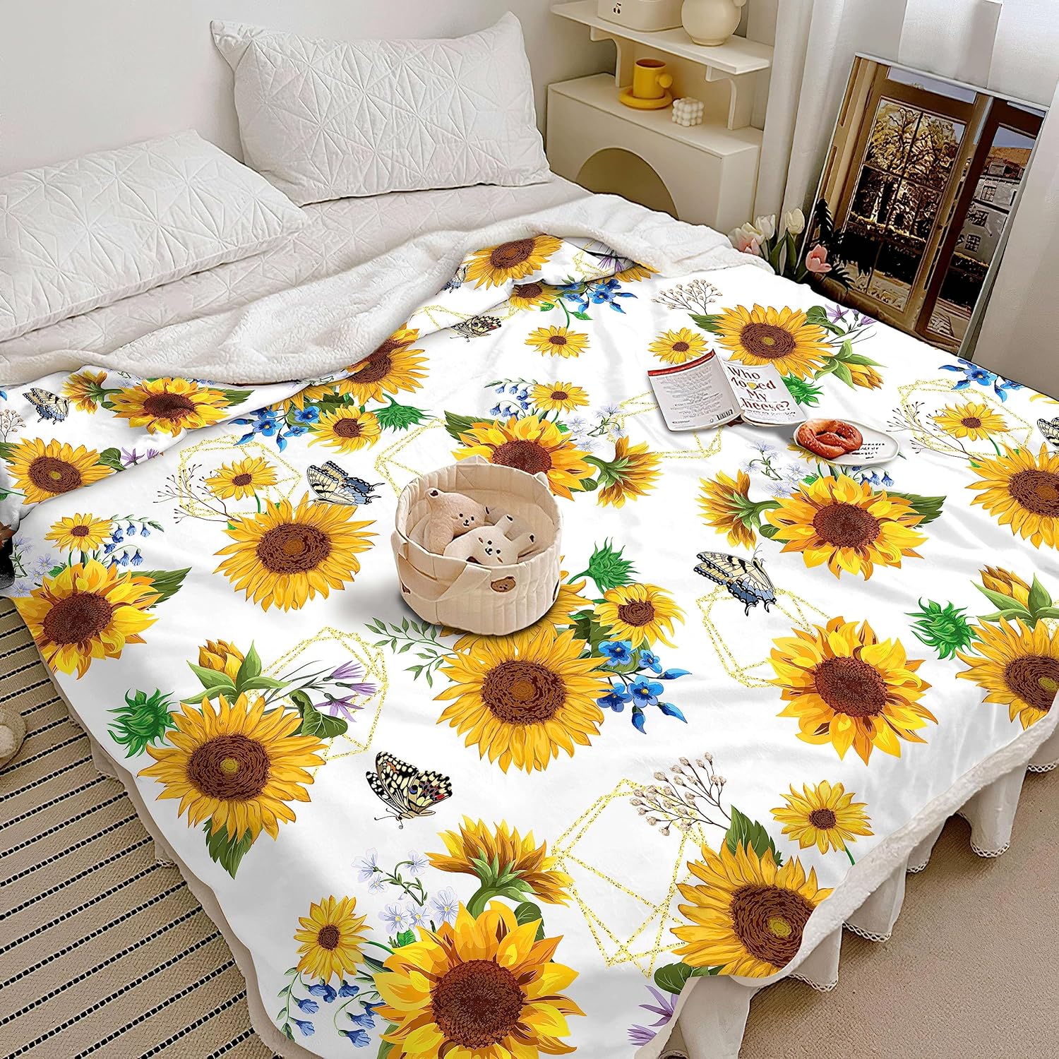 Manta de girasol, regalos de girasol para mujer, manta de regalo de girasol, decoración de ropa de cama blanca, decoración de cosas de girasol,