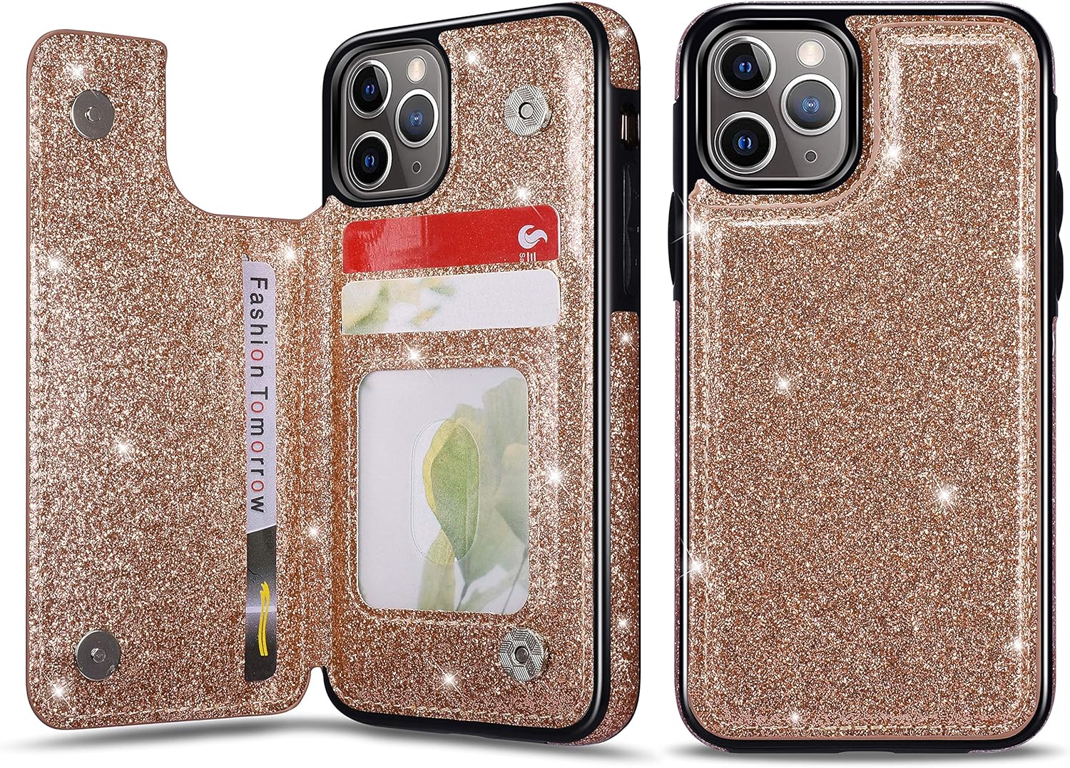UEEBAI Funda para iPhone 11, funda de piel sintética con purpurina de alta calidad dos cierres magnéticos ranuras para tarjetas Función de soporte,