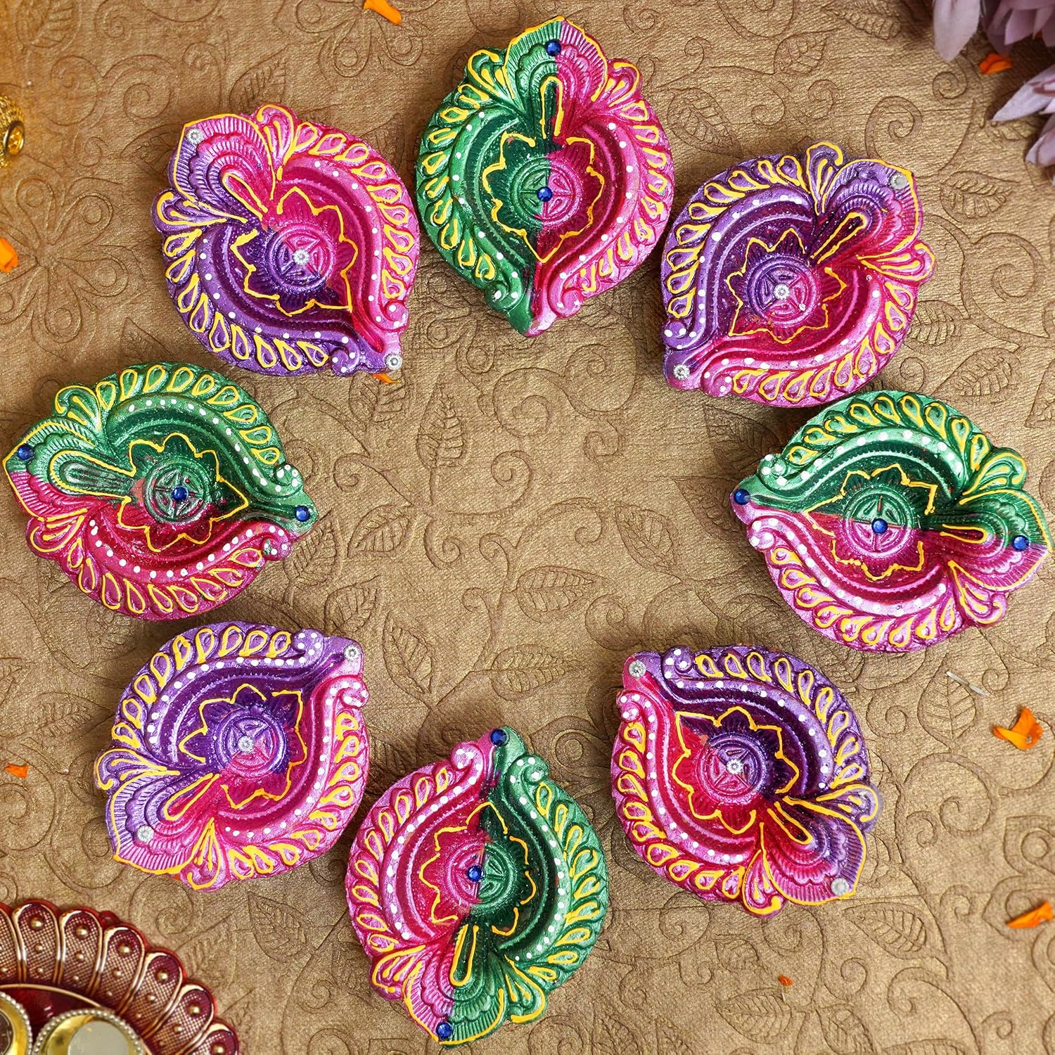 TIED RIBBONS Diya de arcilla hecha a mano para Diwali  Velas de té tradicionales caseras  Lámpara de aceite india  Decoraciones Diwali para el hogar