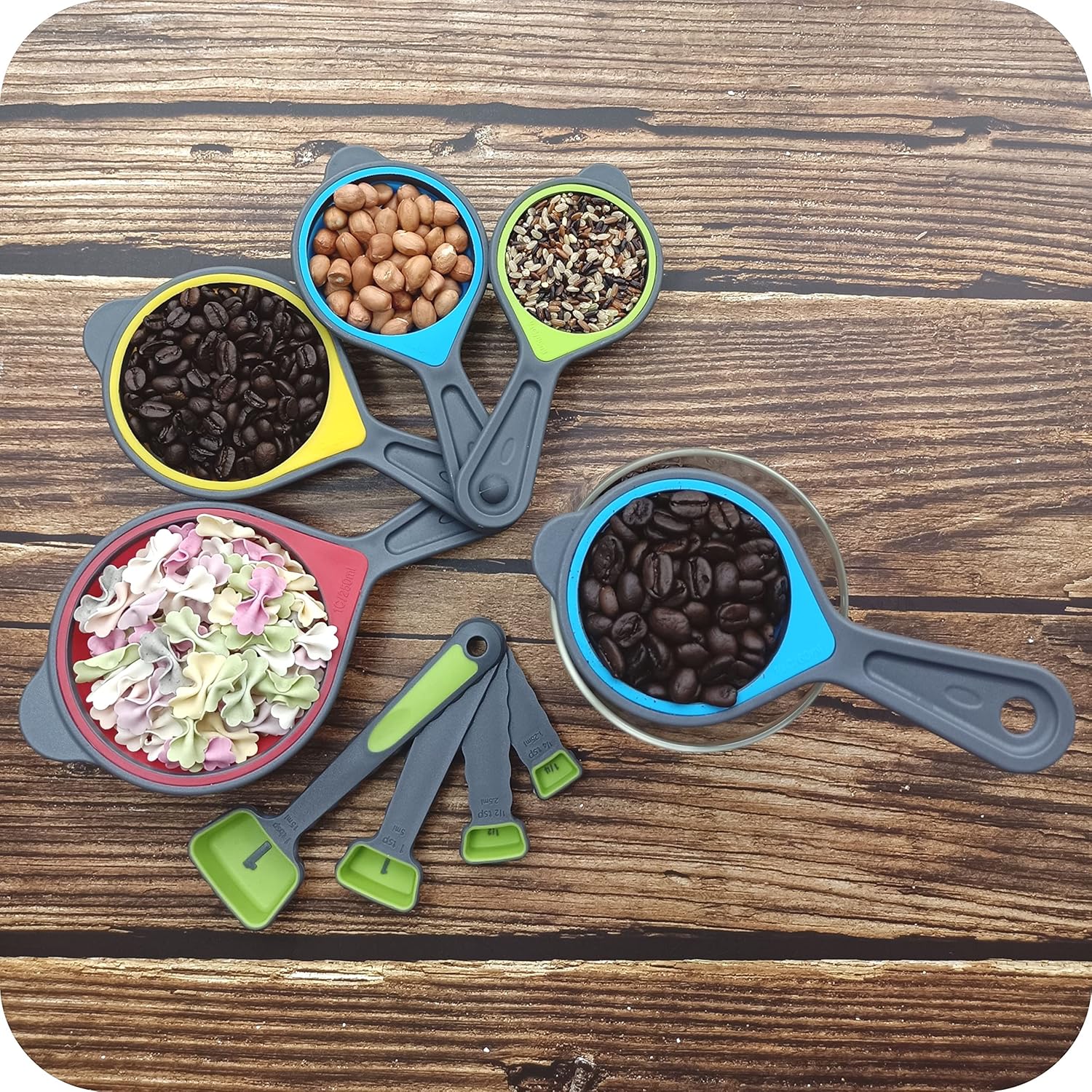 Juego de tazas y cucharas medidoras plegables, 8 tazas y cucharas medidoras de silicona portátiles para medición de líquidos y secos, juego de tazas
