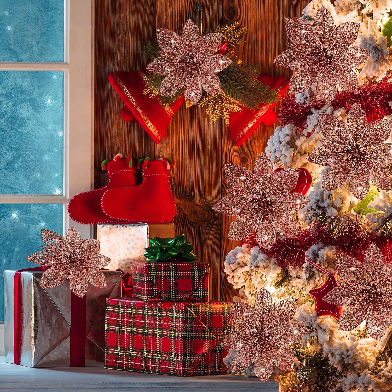 16 flores de nochebuena artificiales, decoraciones de Navidad de flores de nochebuena con clips, adornos de Navidad de flores de nochebuena con