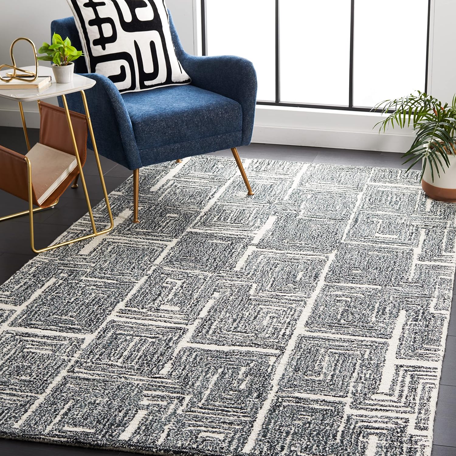 Safavieh Metro Collection – Alfombra cuadrada de 6 pies, color negro y marfil, hecha a mano de lana abstracta moderna, ideal para zonas de alto