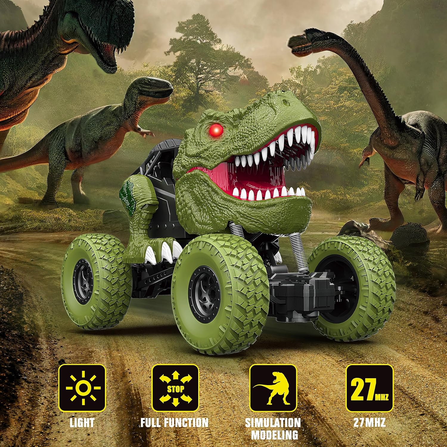 Auto de dinosaurio a control remoto para niños y niños, camión de dinosaurio de control remoto todo terreno de 2.4Ghz con luz, recargable 4WD