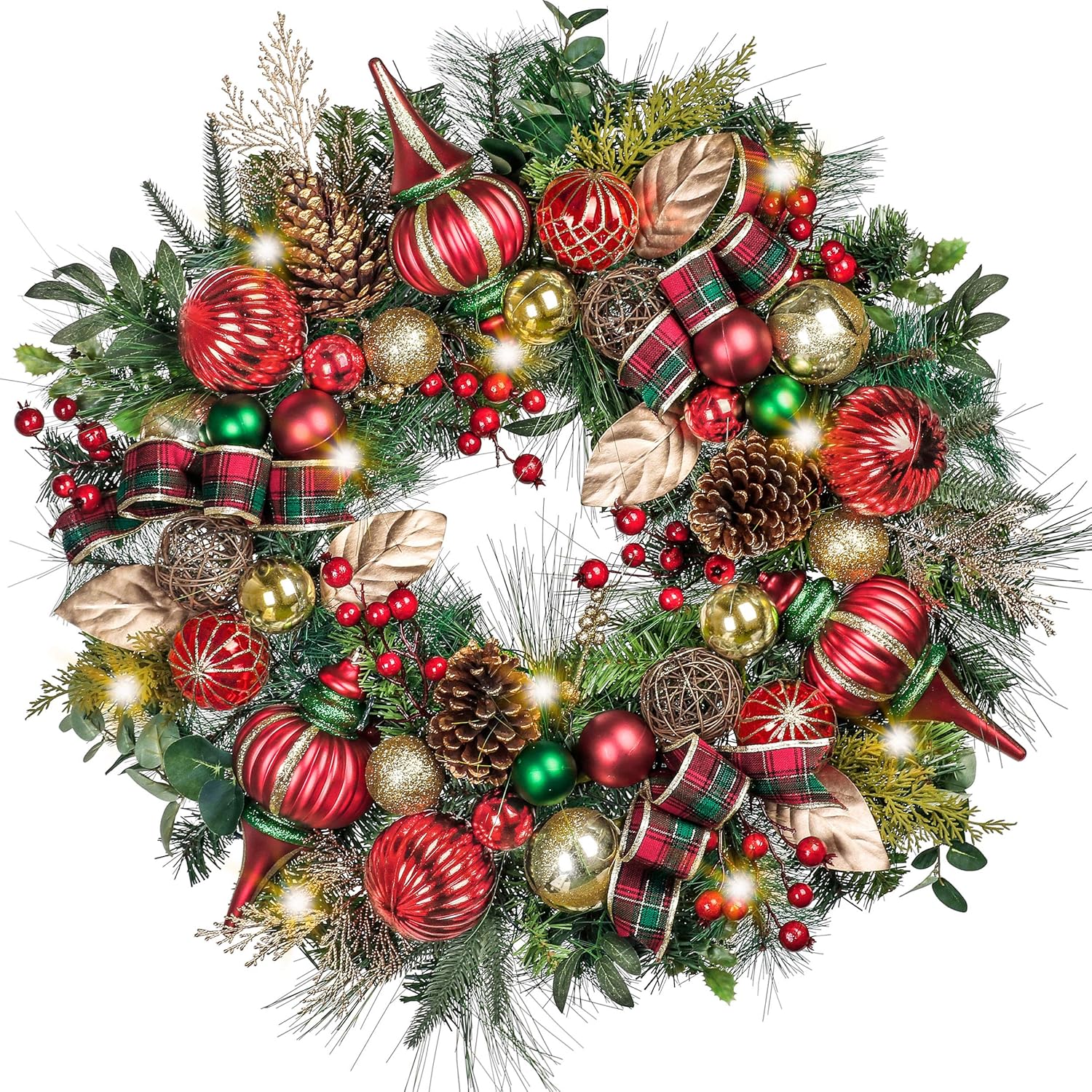 Valery Madelyn Corona de Navidad preiluminada para puerta delantera con luces, corona de Navidad grande de 30 pulgadas con cinta de bola de Navidad