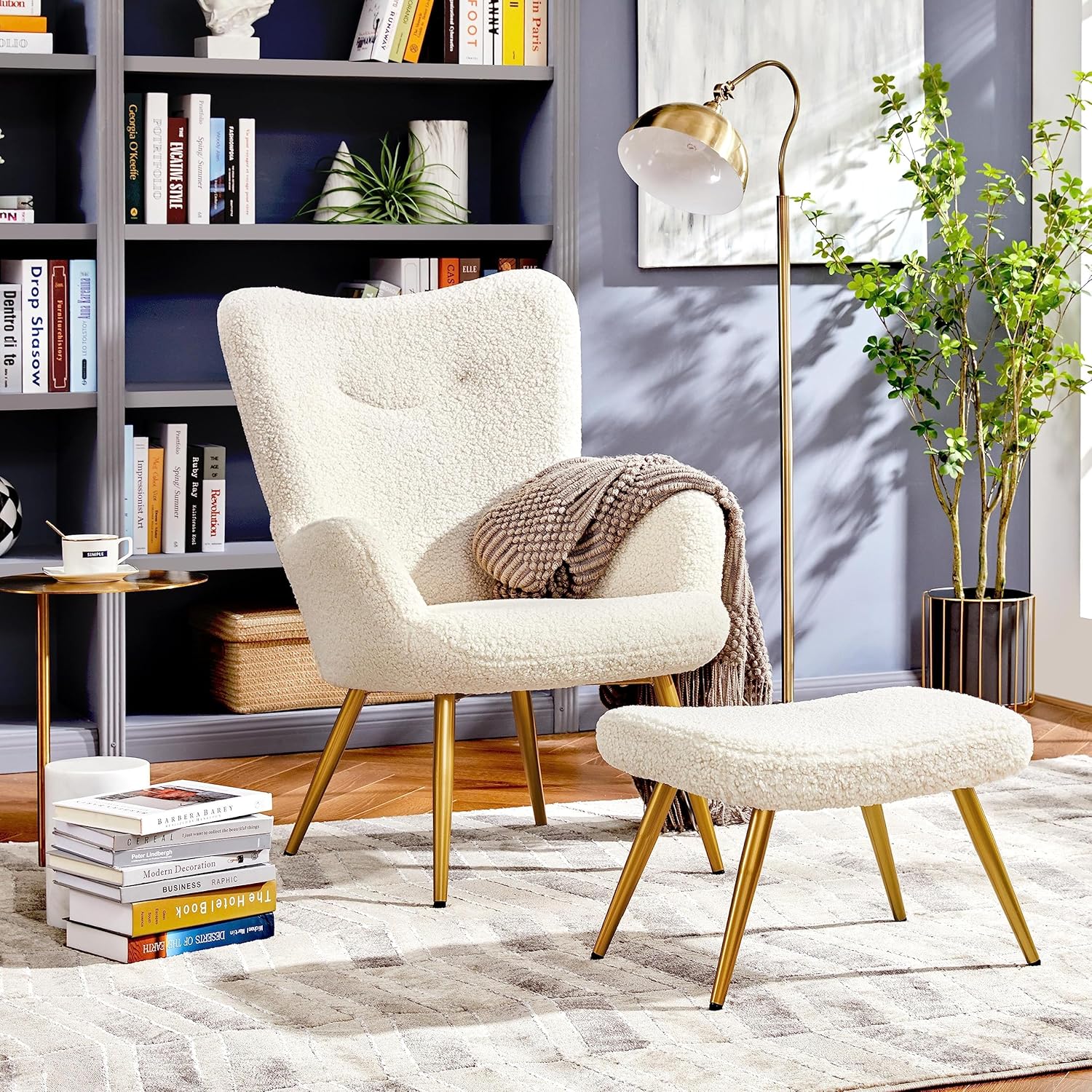 Yaheetech Juego de silla decorativa y otomana, sillón Sherpa con patas de metal dorado y respaldo alto, reposapiés para sala de estar, salón,