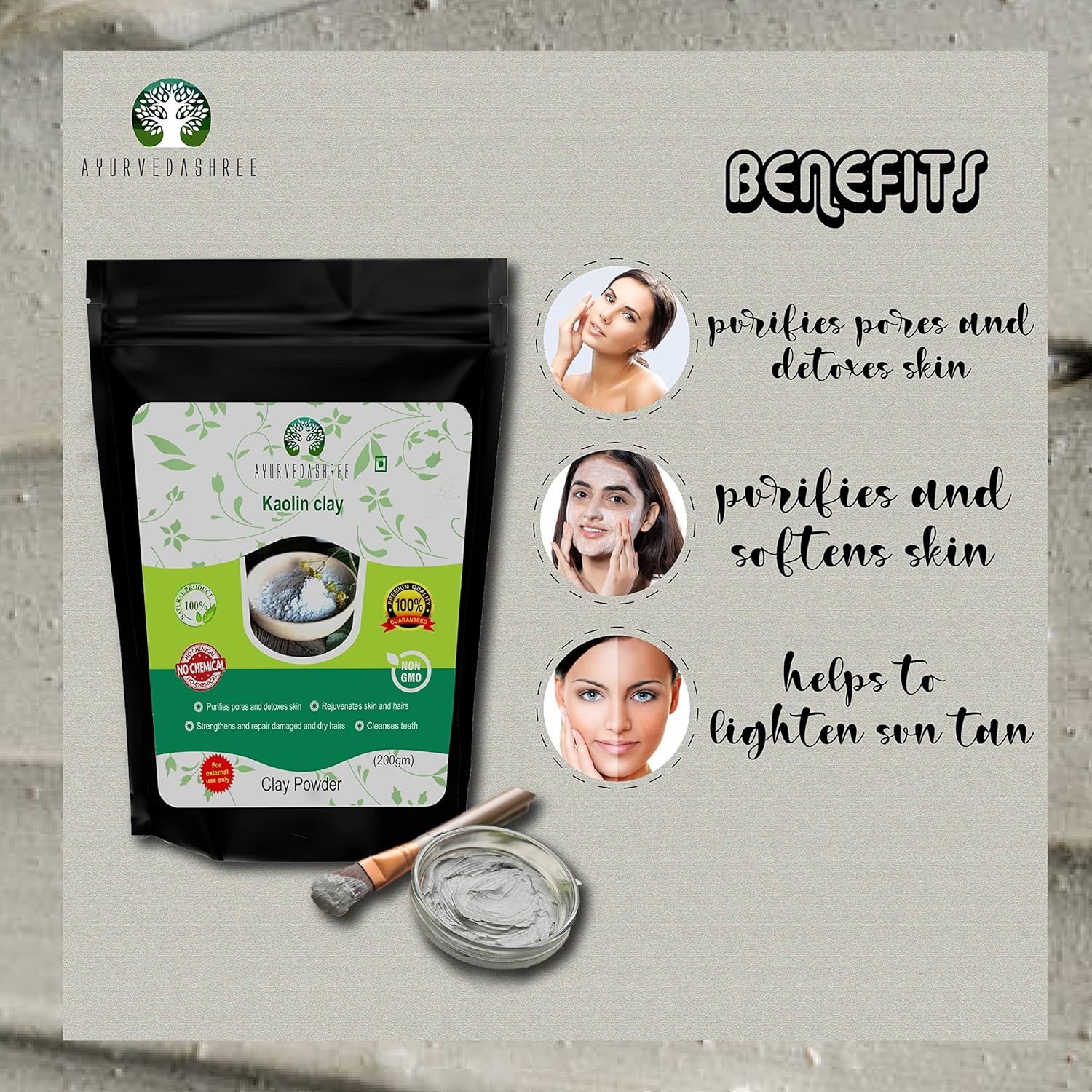 AYURVEDASHREE Arcilla de caolín de 7.05 oz  Arcilla suave para paquete facial  Cuidado de la piel  Limpia los poros de la piel  Exfolia y