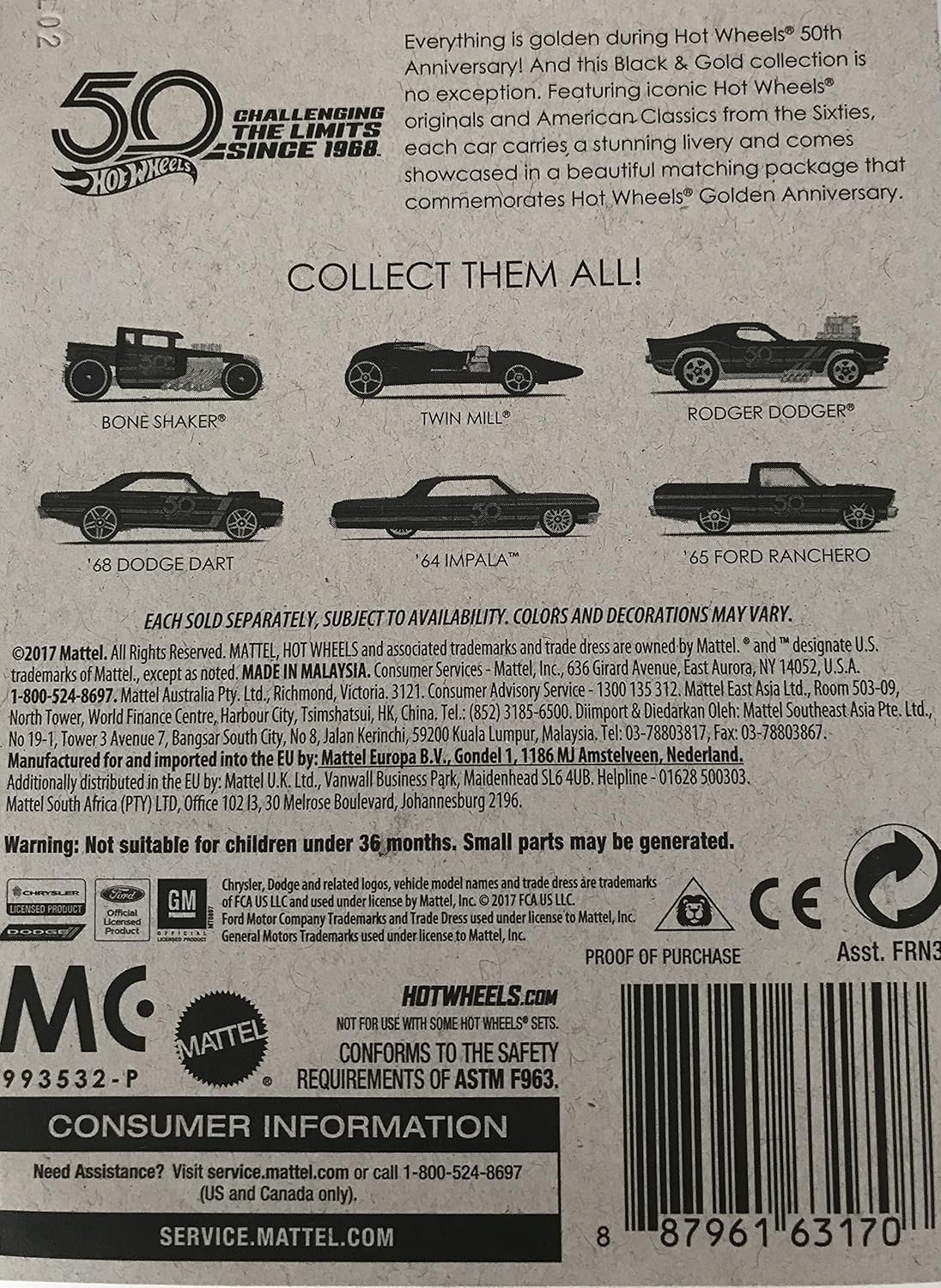 Hot Wheels 2018 50 Aniversario Serie Negro y Oro Serie 164 Modelo de auto fundido a presión (’64 Impala 56)