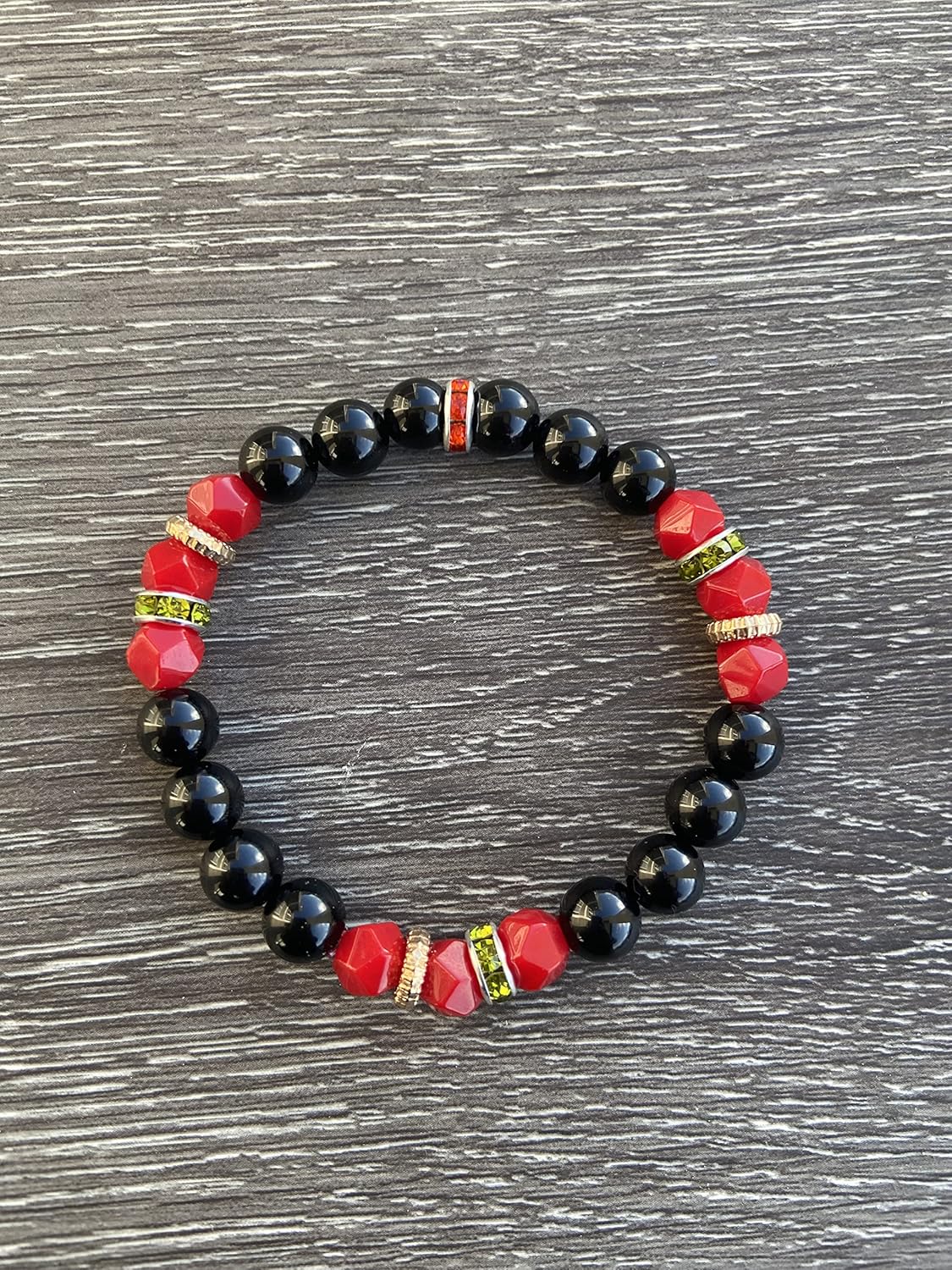 Black onyx and red jade protection bracelet- Rasta and Jamaican inspired natural stone stretch elastic beaded bangle jewelry