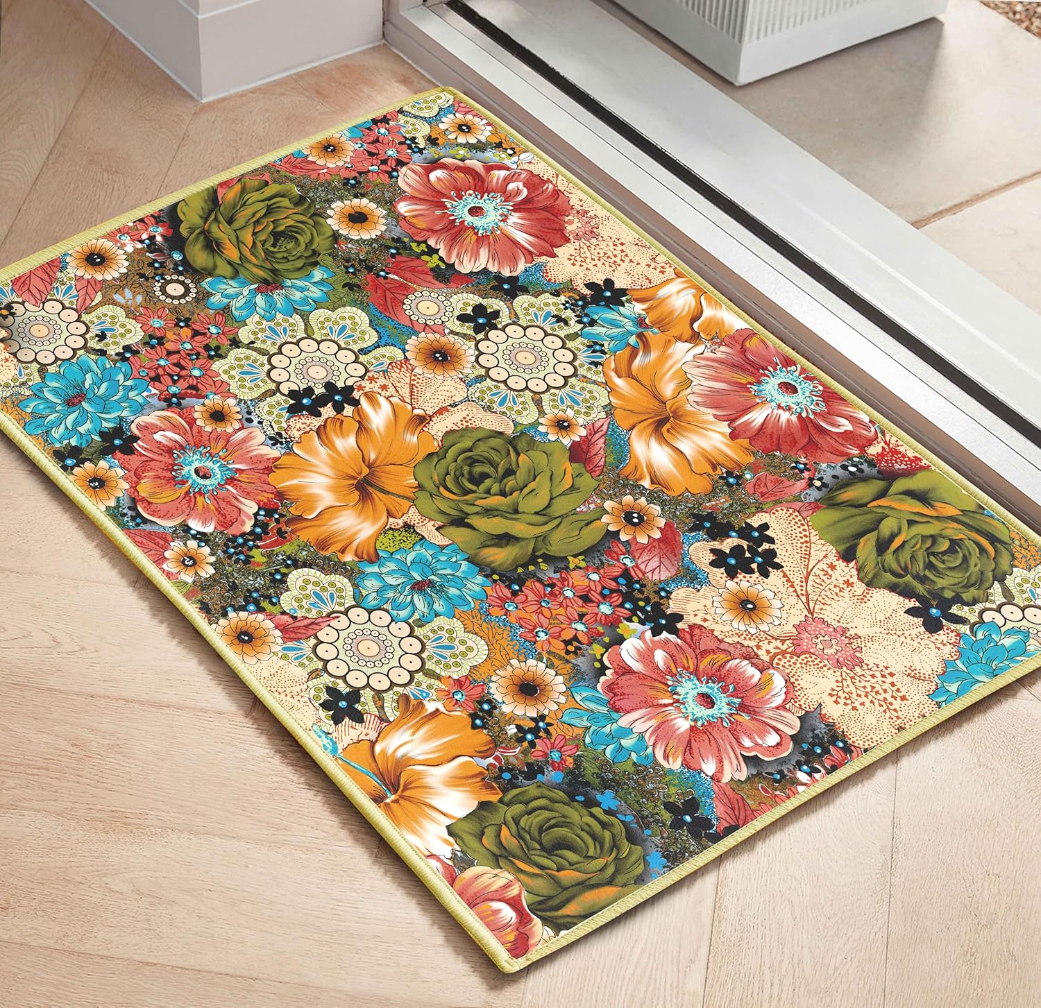 keensoft Alfombra de área floral colorida de 2 x 3 pies, tapete retro de flores bohemias, antideslizantes, lavables a máquina, alfombras pequeñas,