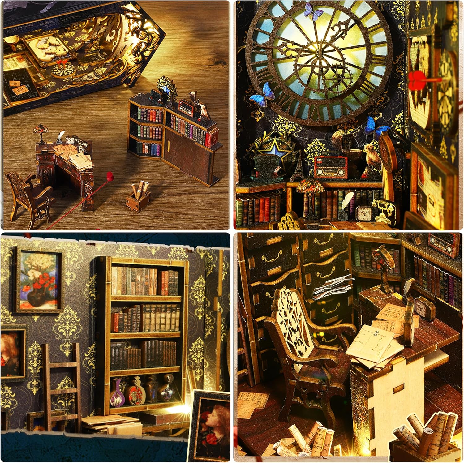 ISSEVE Kit de rincón de libros para bricolaje, rompecabezas de madera 3D, kit de casa en miniatura para decoración de estante de libro, soporte de