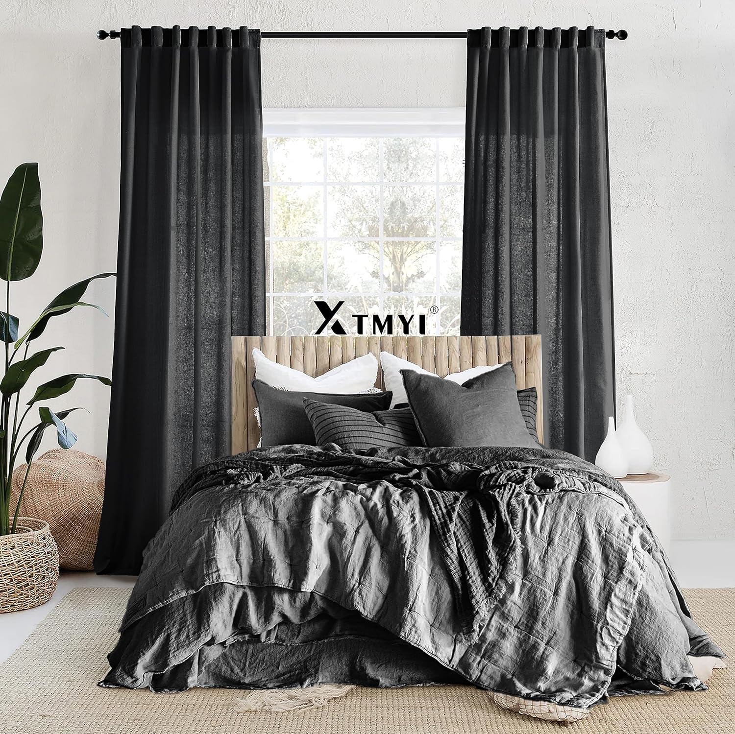 XTMYI Cortinas negras de 108 pulgadas de largo para puerta corrediza de vidrio, juego de 2 paneles de ganchos de lino, cortinas plisadas para telón