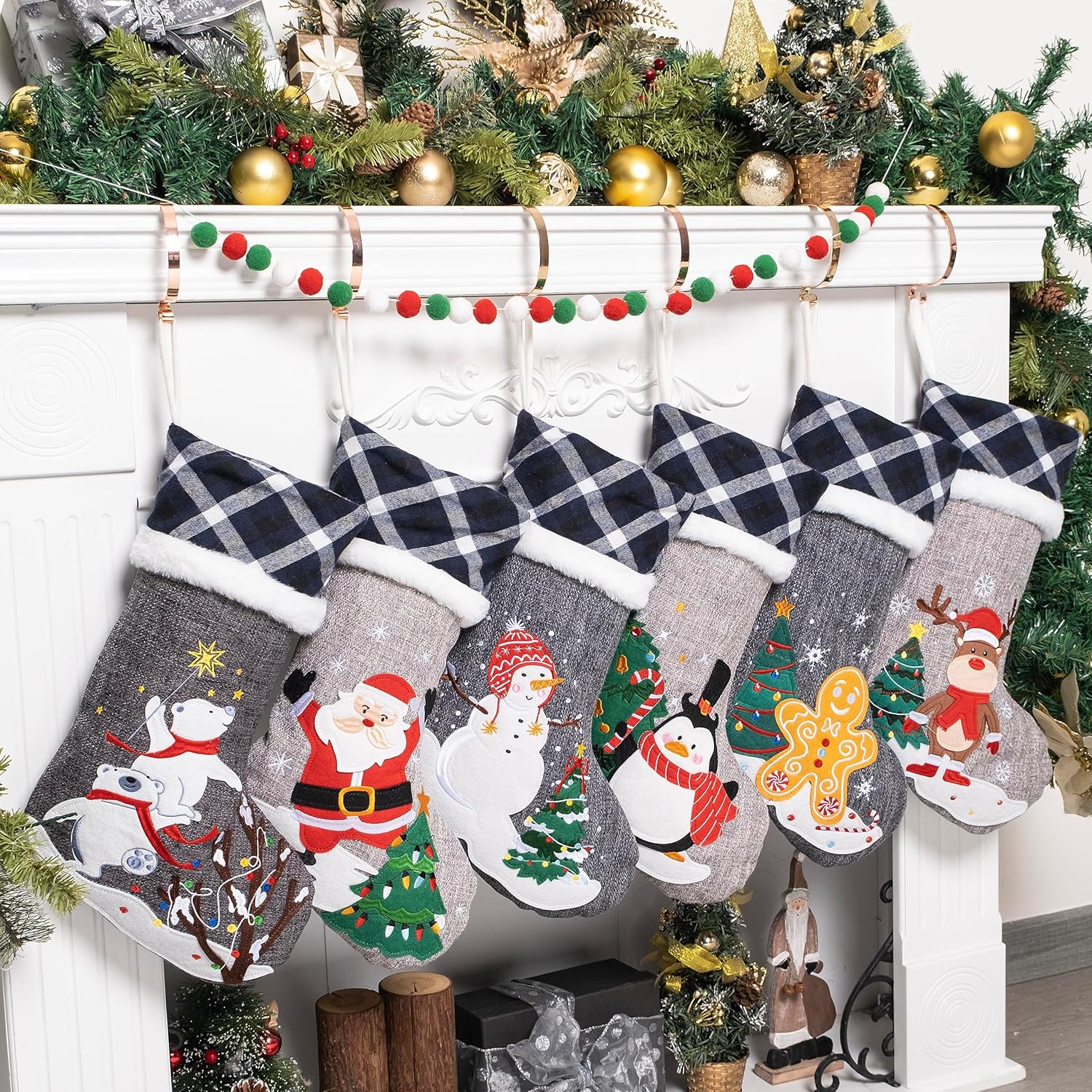 GEX Medias de Navidad personalizadas 2023 de 21 pulgadas, nombres bordados, de arpillera gris y azul, búfalo, piel sintética, lindo patrón para