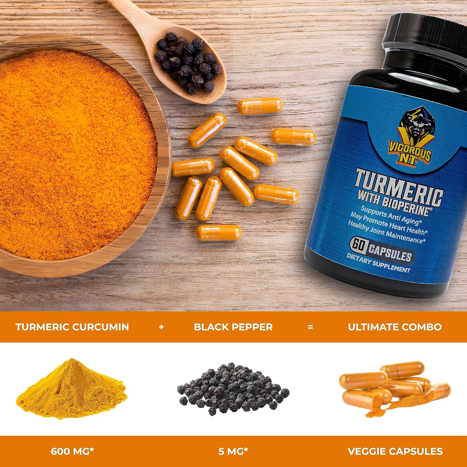 Vigorous NT – Suplemento de cúrcuma con BioPerine, fórmula de absorción mejorada, extracto de cúrcuma orgánico con 95% de curcuminoides, promueve el