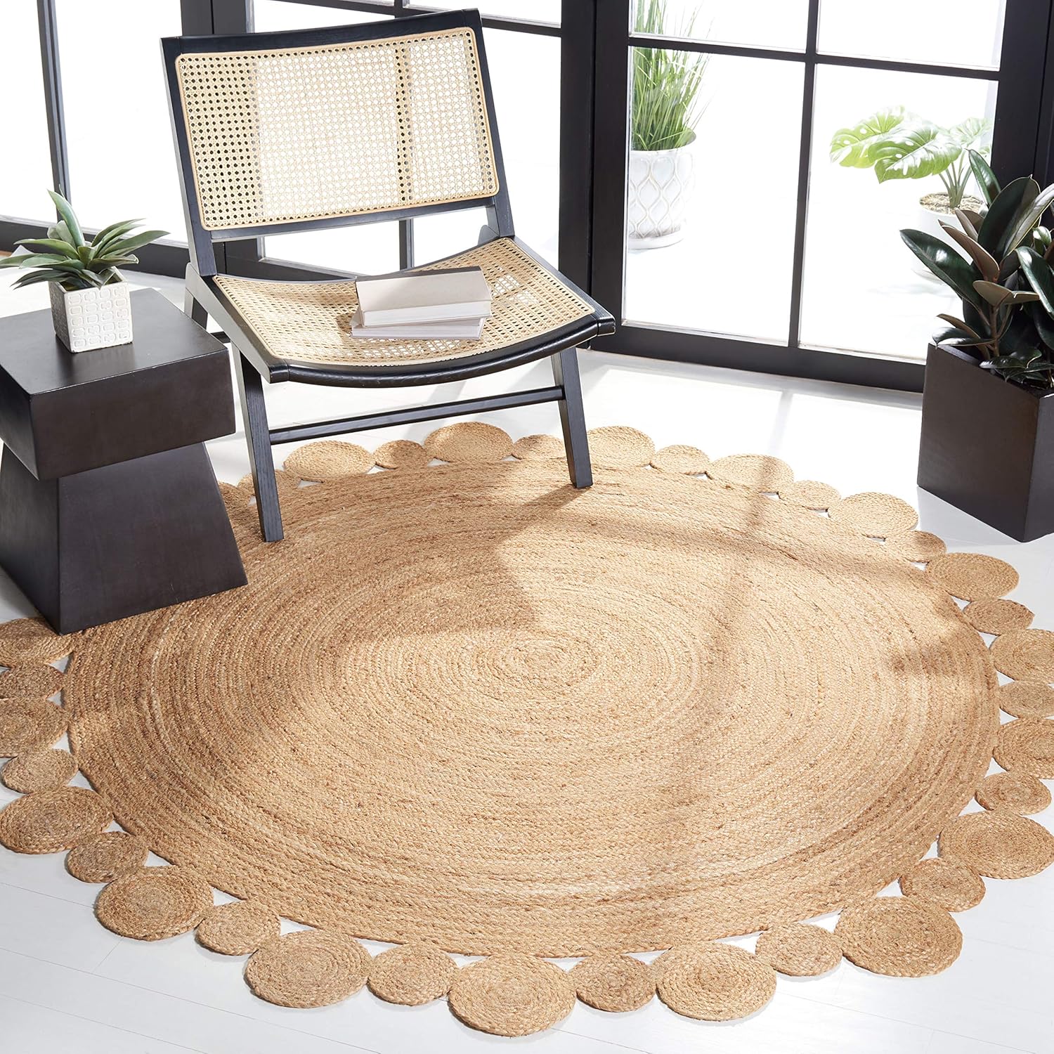 SAFAVIEH Natural Fiber Round Collection NFB307A – Alfombra redonda de yute con encanto de campo bohemio hecho a mano de 6 pies