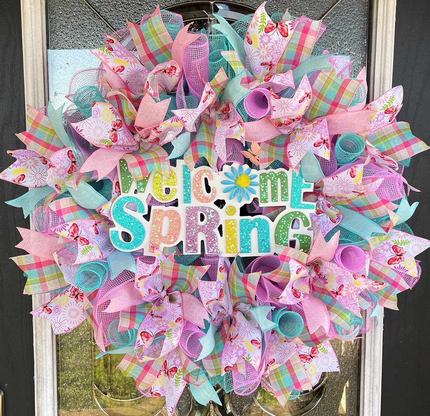 Welcome Spring Butterfly! Deco Mesh Front Door Wreath, Indoor Outdoor, Farmhouse Country Traditional Decor
