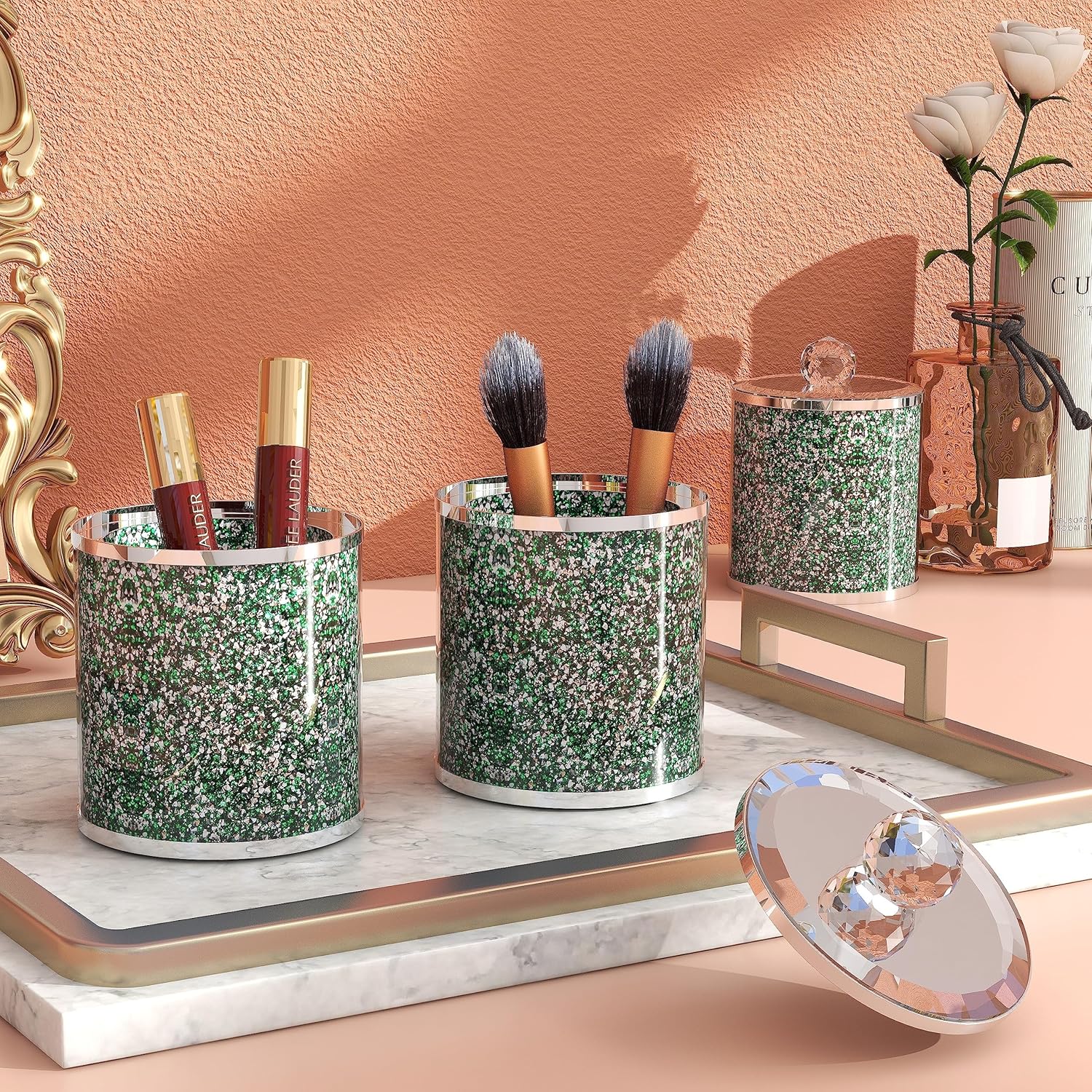 SHYFOY Juego de 3 recipientes de vidrio decorativos, tarros verdes con tapa, diamante triturado, decoración del hogar, contenedor de almacenamiento