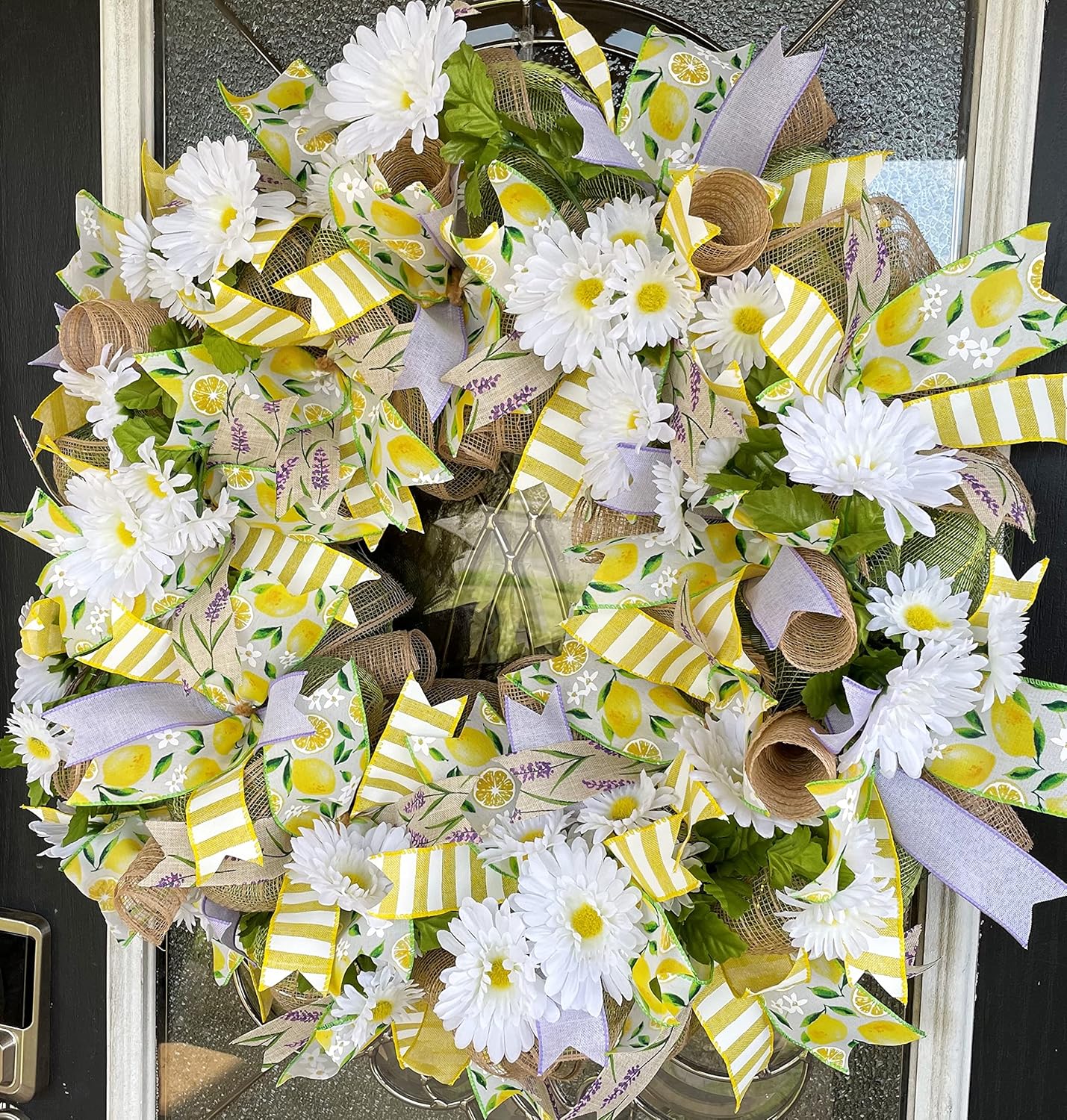 XL Lavender Lemon & Daisy Summer & Spring Deco Mesh Front Door Wreath, Porch Patio Home Decor, Handmade, Unique Gift Idea for Her