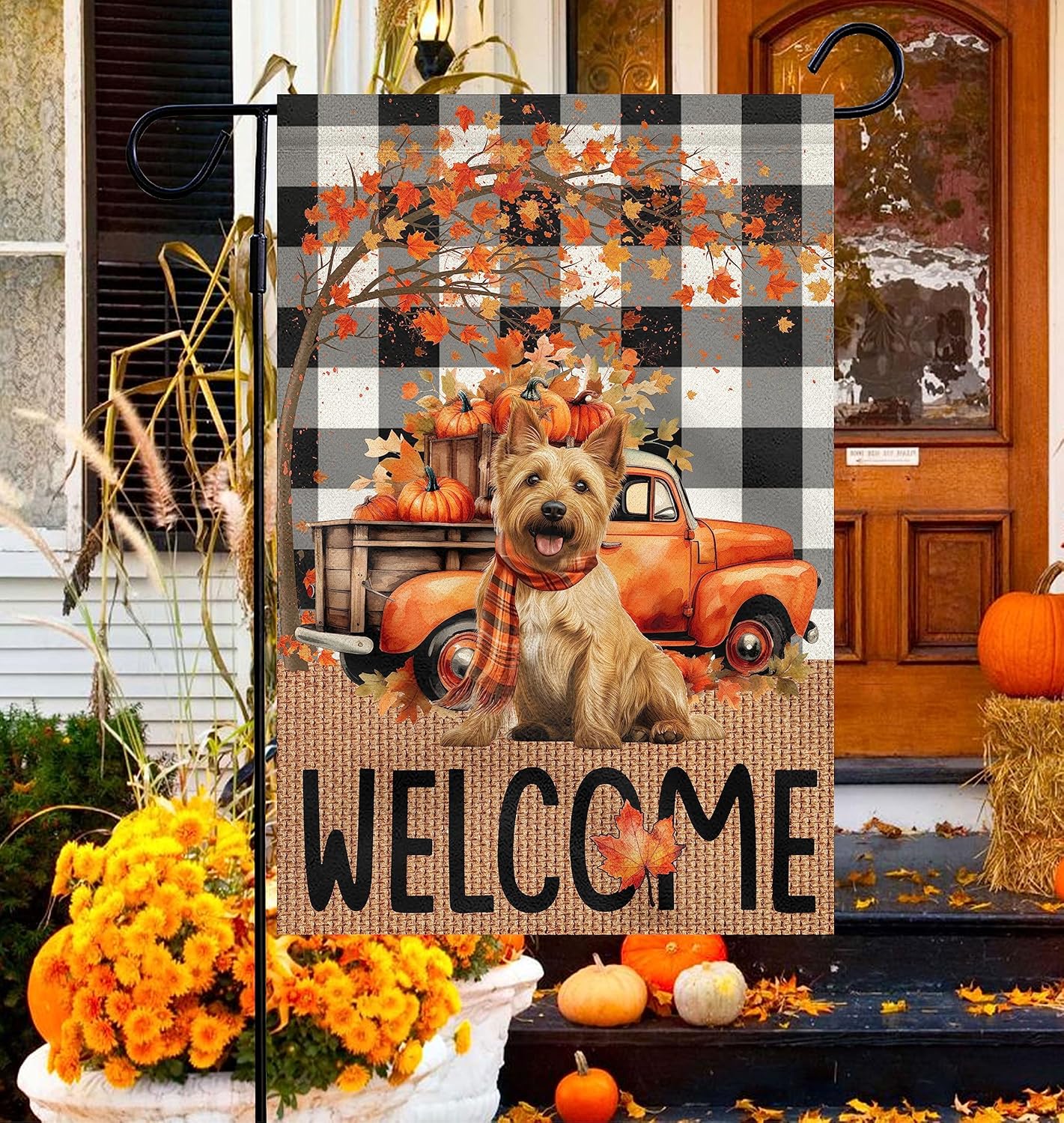 Banderas de jardín de otoño para perros de bienvenida para exteriores, 12 x 18 pulgadas, pequeño, de doble cara, de arpillera, color rojo, de