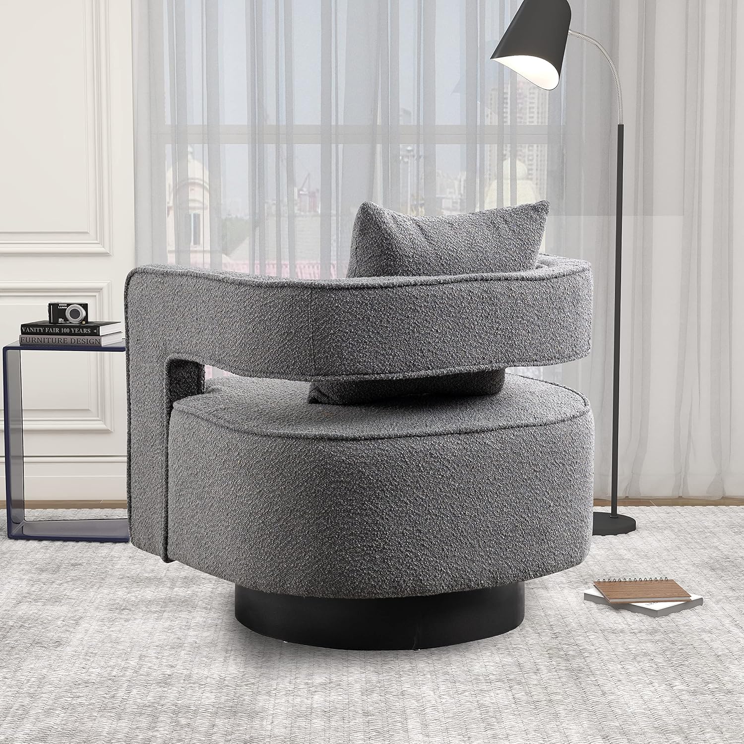 HomSof Silla giratoria de 29.0 pulgadas de ancho con respaldo abierto, moderna y cómoda, para club, ocio, sillón para descanso, gris y negro, 4