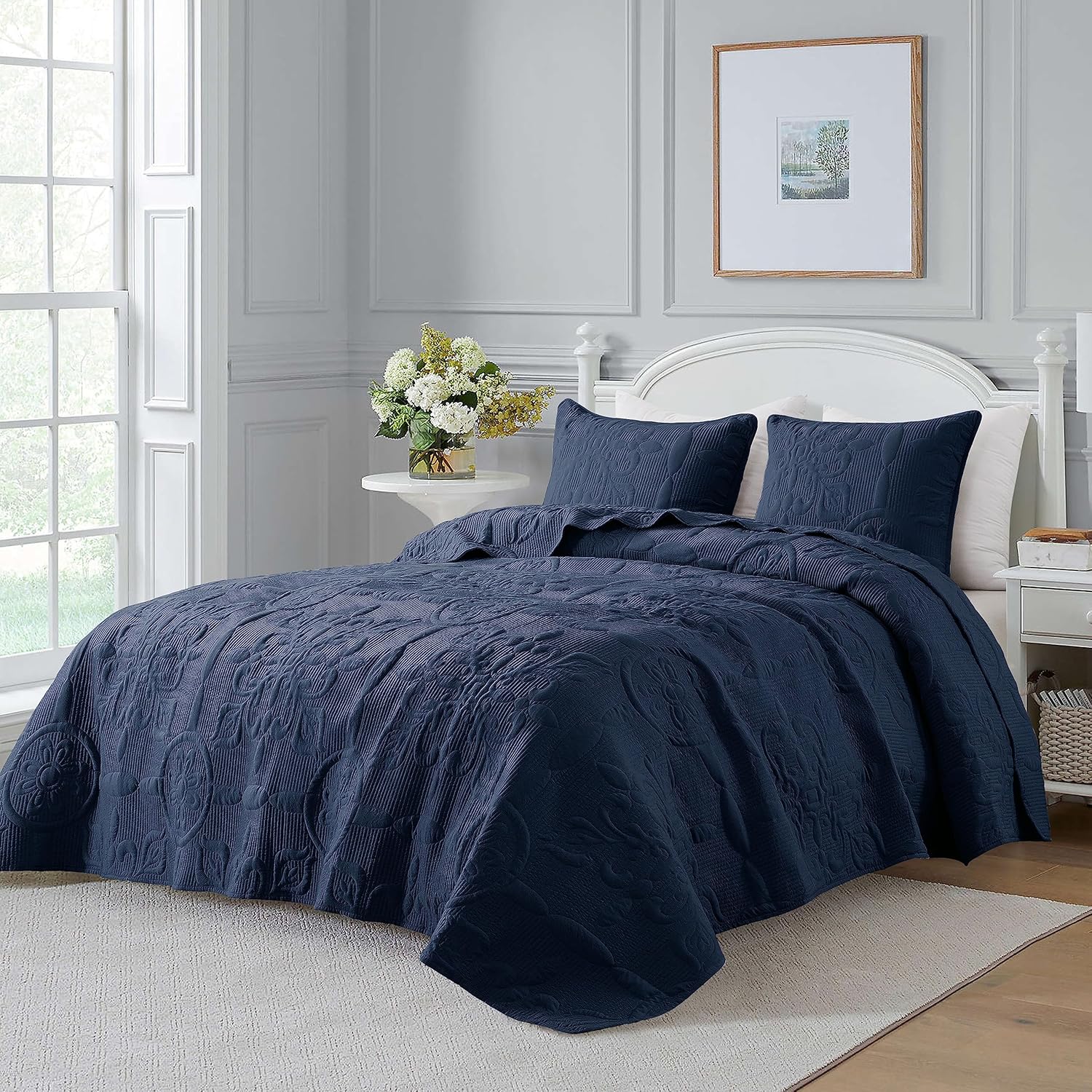 Juego de ropa de cama de damasco tamaño King con fundas de almohada, colcha ligera y suave, manta acolchada azul marino fina para todas las