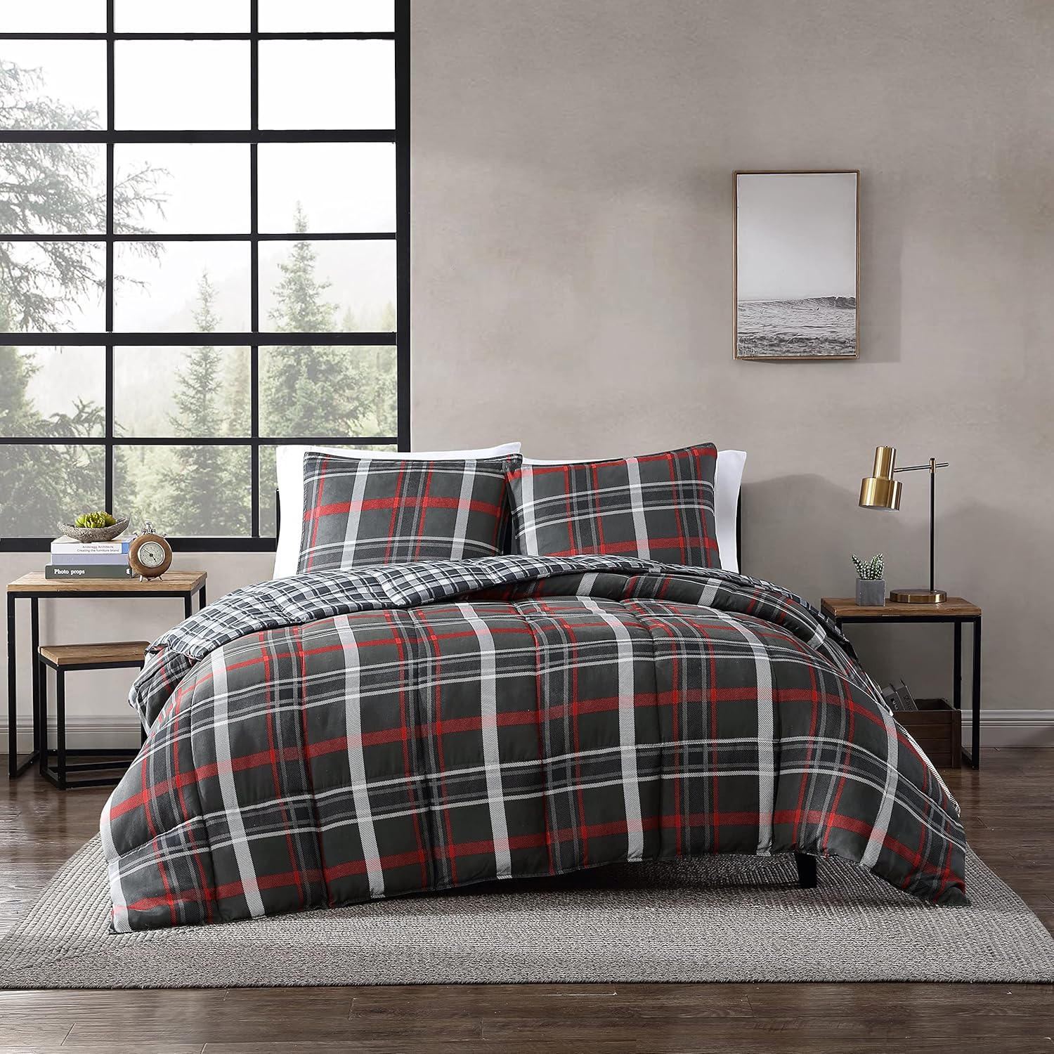 Eddie Bauer – Juego de edredón tamaño Queen, ropa de cama reversible a cuadros con fundas a juego, decoración del hogar para meses más fríos (gris
